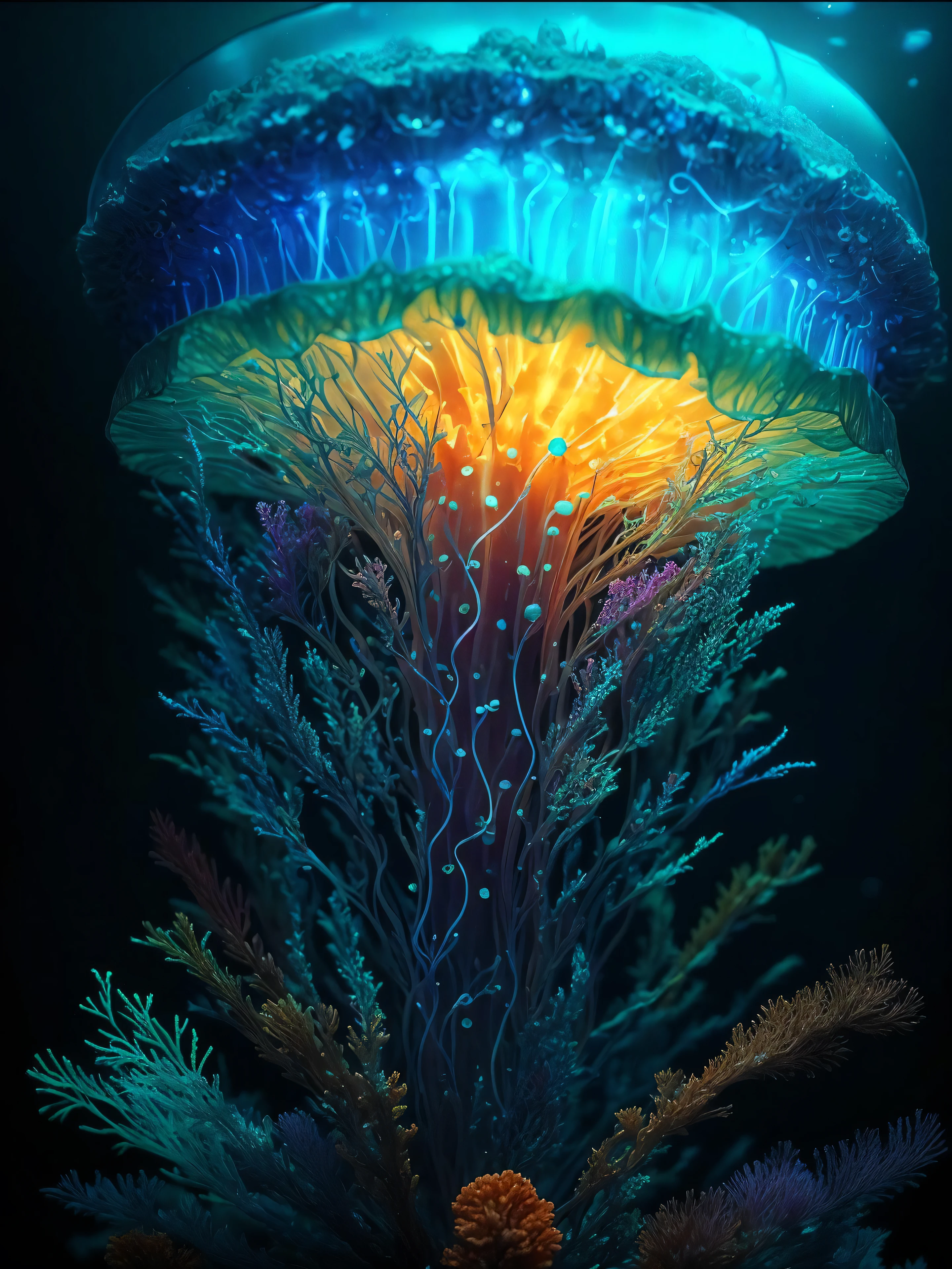 under water, intricate details, macro shot glowing jellyfish,corals, bulbs, luminance, (neutral colors:1.2), hyperdetailed, cinematic, complex background