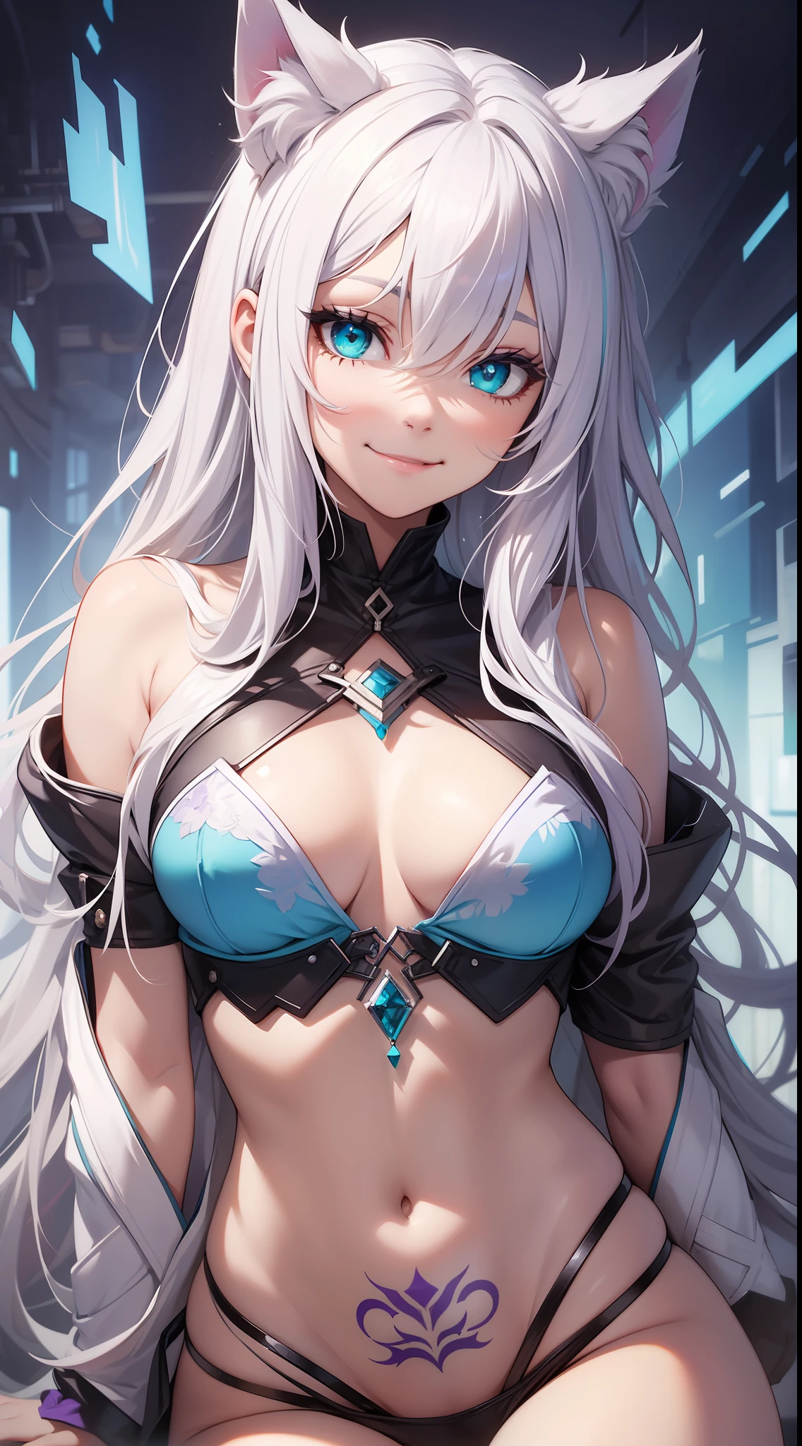 Young, long white hair, heterochromia, (left eye blue, right eye purple), white cat ears, turquoise top, open chest, tattoos, smile, masterpiece, high quality