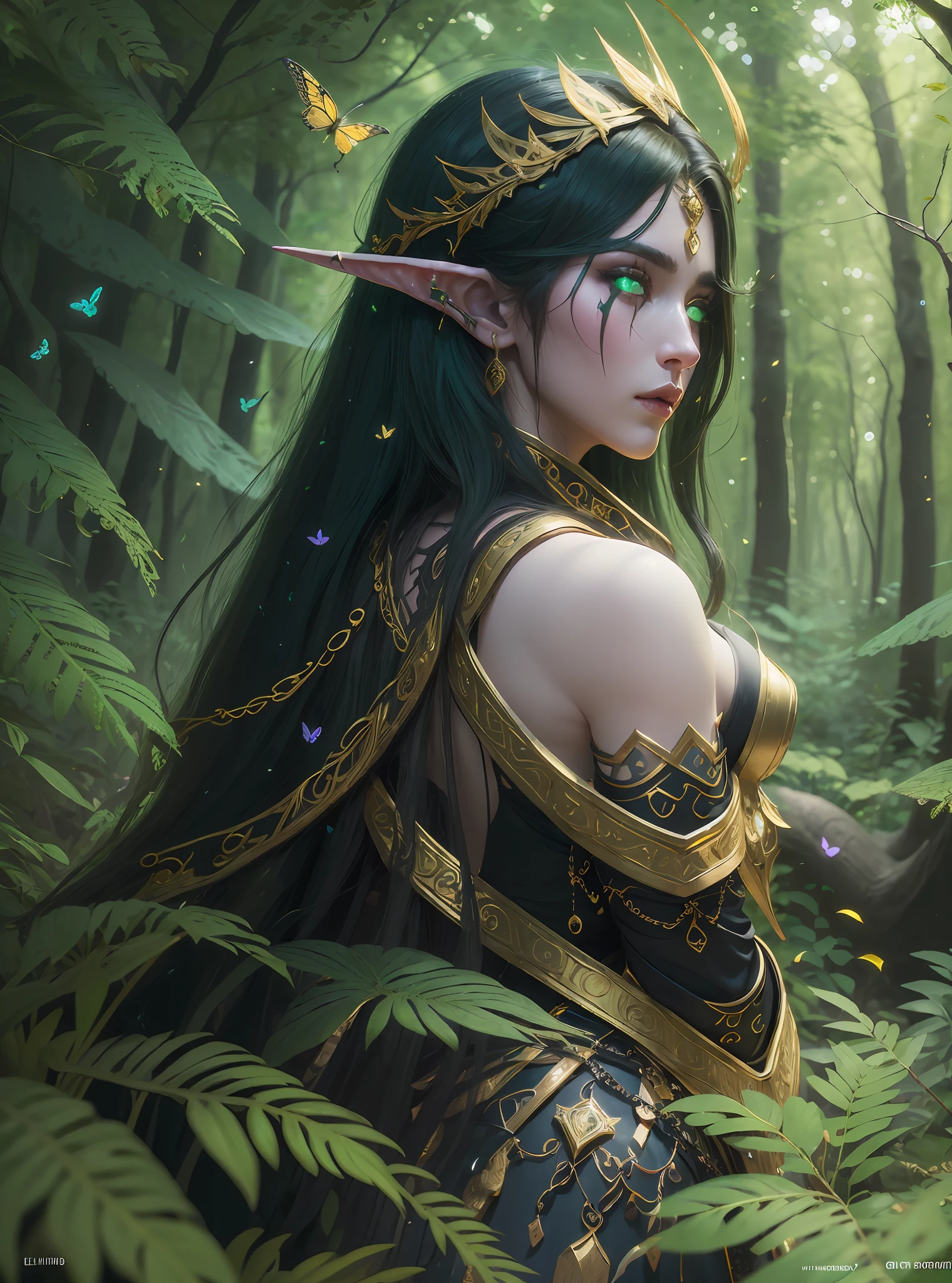 (((Masterpiece, high quality))), elf, long hair loose and black, green eyes, short battle armor in gold and black detail, big golden bow on his back, in a light green forest, butterflies shining, big roots of trees ((cinematographic light))