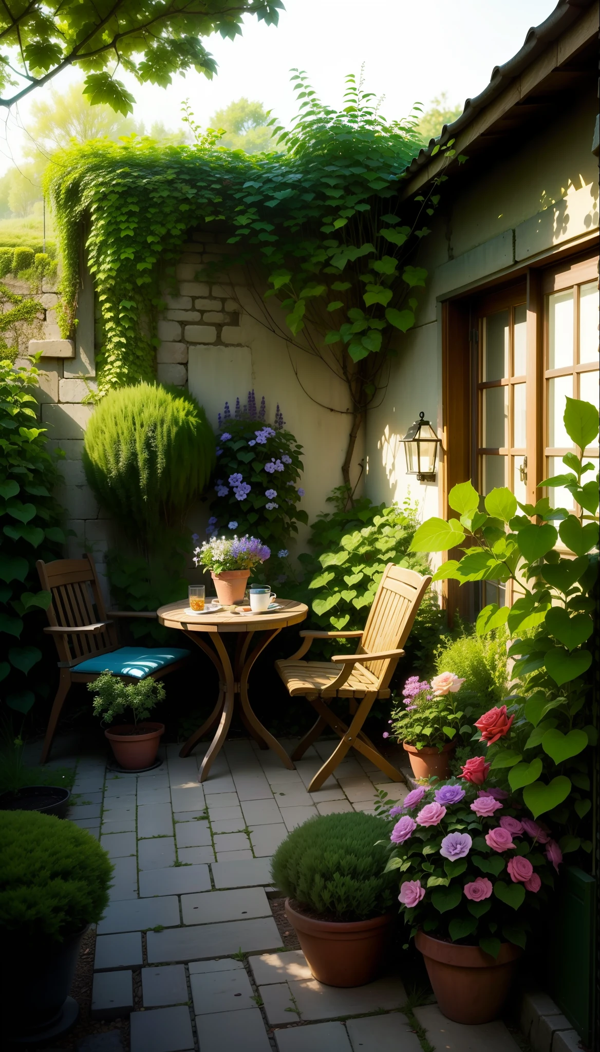 Sofa, round table in the middle, greenery, creeper, ivy, rose, season of the month clematis windmill jasmine triangle plum bulb