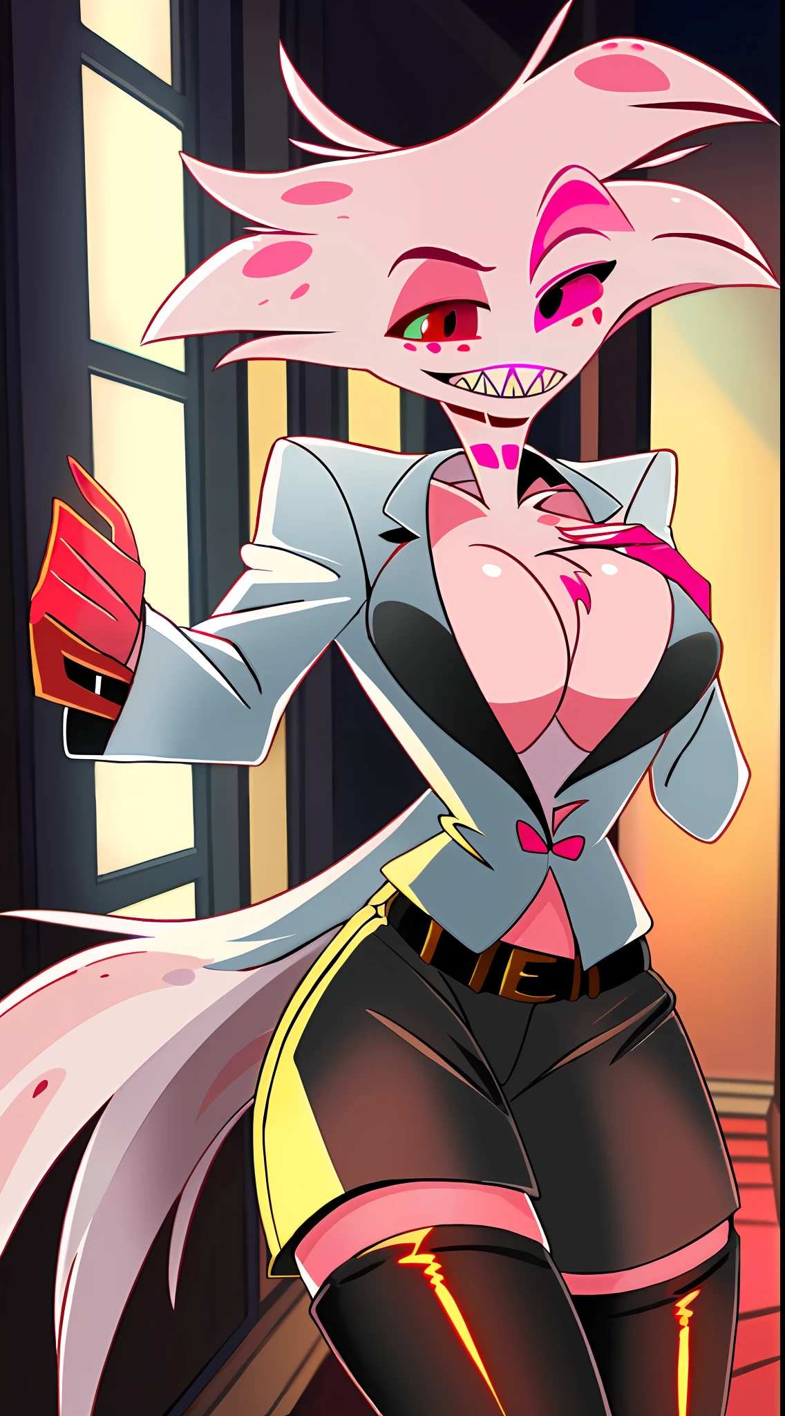 Anthro, ((wearing white suit)), wearing pink gloves, wearing thigh high boots, white fur, hi res, high resolution, (((angel dust hazbin hotel))), solo, female, (black shorts), cleavage, detailed face, sharp teeth, sexy pose, e621, shocked, blushing, detailed hands, detailed fur