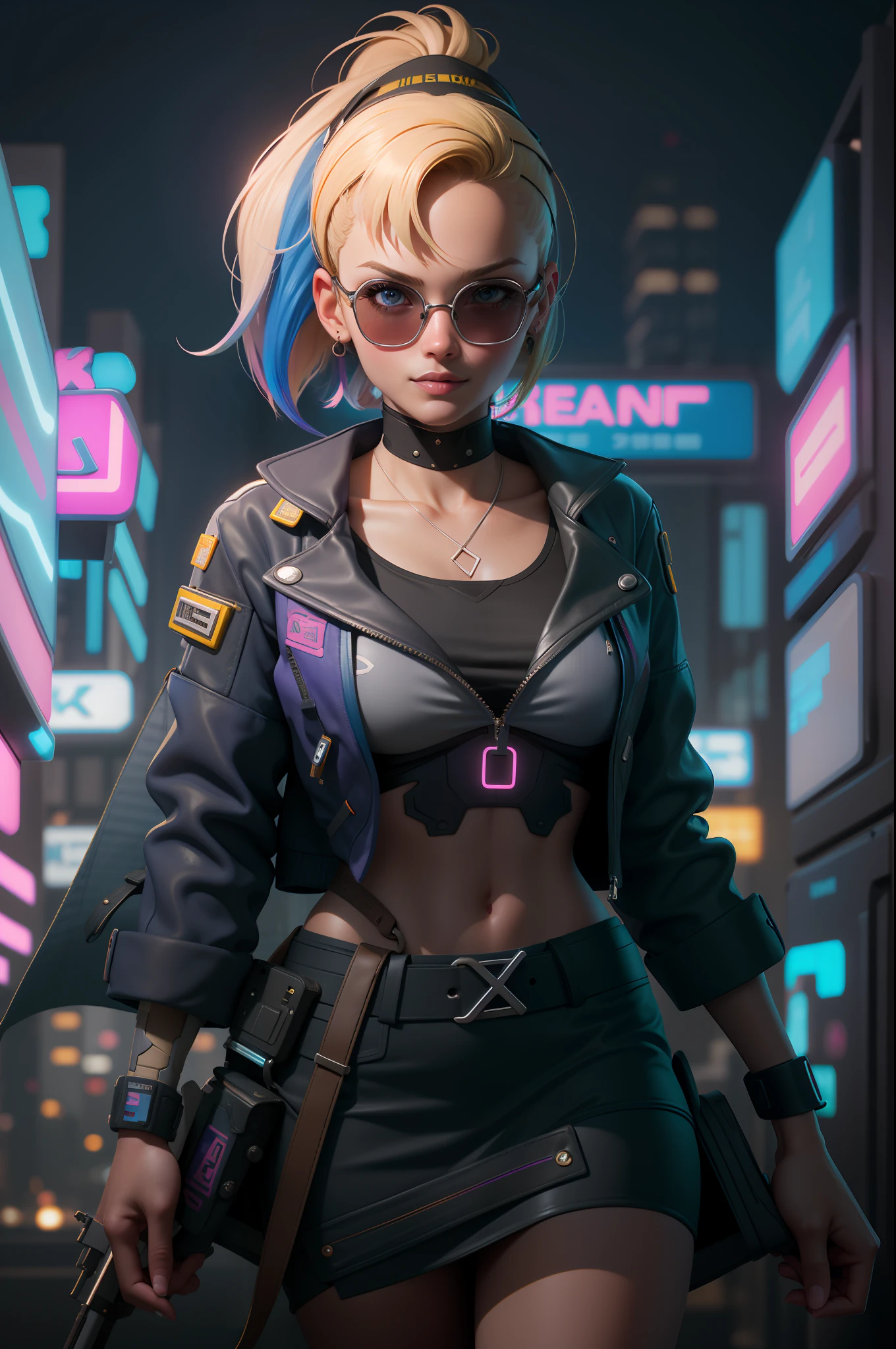 ((Cyberpunk)), ((Realistic)) and ultra-detailed photography of a barbie-like girl with cyberpunk aesthetic and neon colors. She was so cute and has a ((blonde hair, indigo highlights, candycolor)), wears a (streetwear top, sholder bag), (leather jacket, fuchsia pattern:1.2) and a (light-grey skirt, indigo belt:1.2), (disruptive dress:1.1). She has a simple smile and a multicolored deep eyes, ((beautiful and aesthetic)), sexy, under-boobs, hot, landscape orientation, upper body focus, full body, dynamic lights, RAW photo, (perfect face:1.2), (led lighting:1.2), (in the style of Ghost In The Shell:1), (in the style of Blade Runner:1.2), (in the style of Akira:1.5), (face details:0.3), (headband:0.7), (crown:0.3), (tattoo:0.9), (robot suit:0.9), (rainbow hair:0.7), film grain, depth of field, soft lighting, sparkle, motion blur, from above, lens flare, Ultra-Wide Angle, ((Best Quality)), ((Masterpiece)), 16k