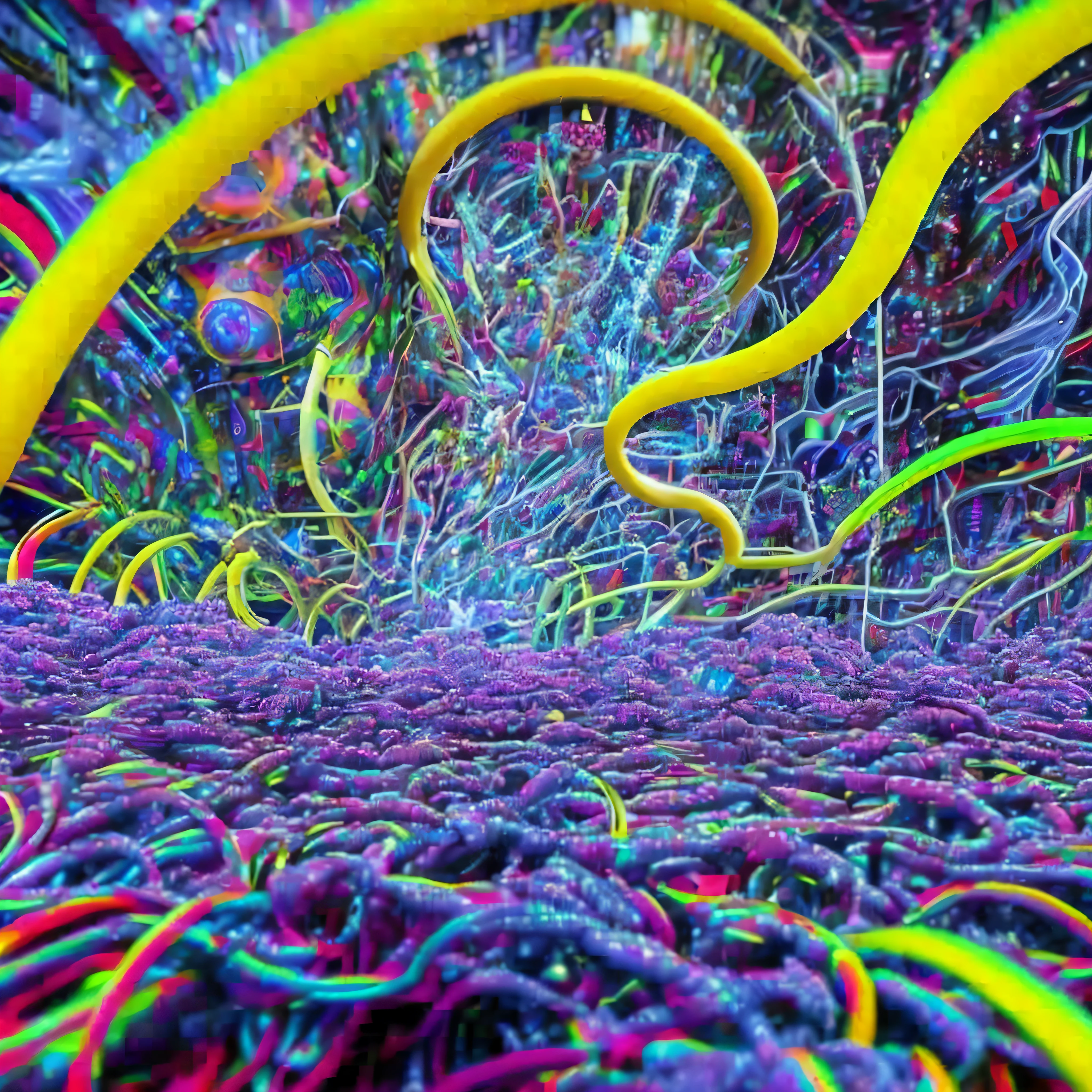 Ultra colorful and psychedelic 3D fractals dark, environment with many technological cables dark and technological, ultra realistic, ultra quality, ultra resolution, cinematic, hyper detailed, hyper realistic, 8k