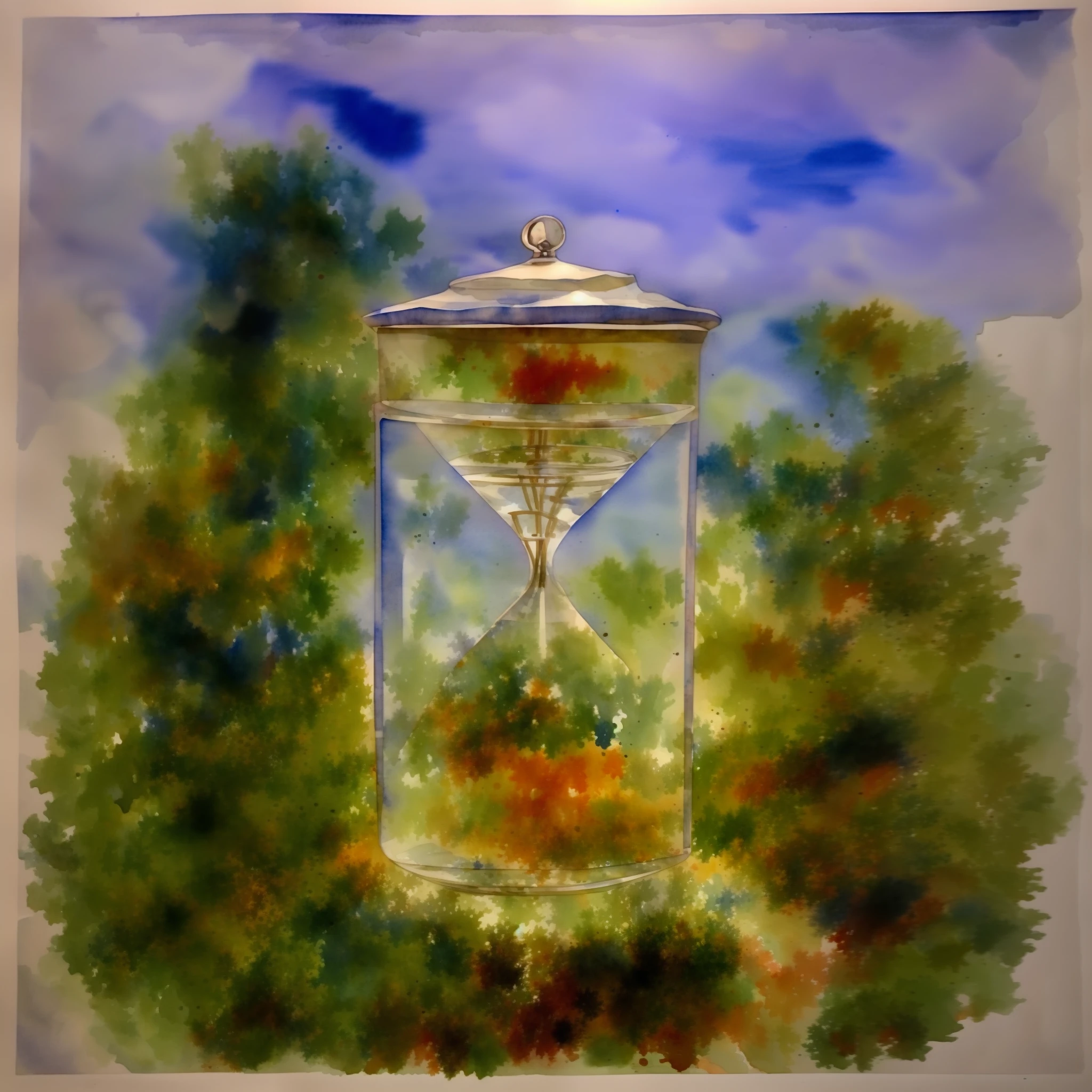 Golden hourglass, in the field, watercolor