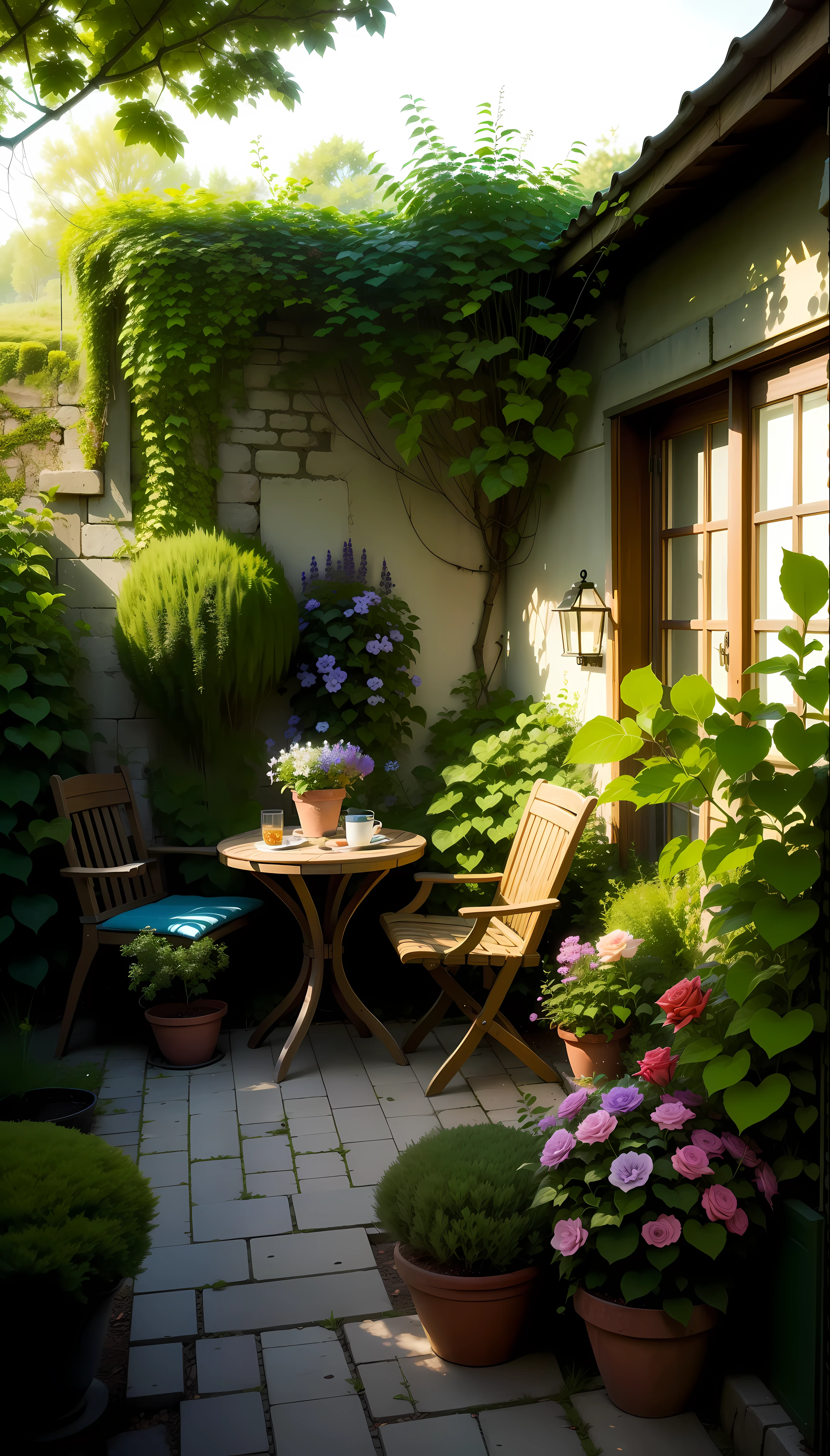 Sofa, round table in the middle, greenery, creeper, ivy, rose, season of the month clematis windmill jasmine triangle plum bulb