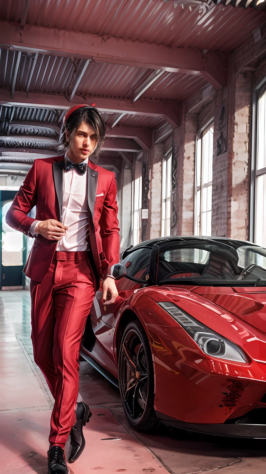 This person exudes power and passion, dressed in a sharp red suit tailored to perfection. Their confident expression matches the brand's bold and exhilarating character. In the background, a stunning Ferrari 488 GTB or a LaFerrari highlights the brand's commitment to high-performance sports cars