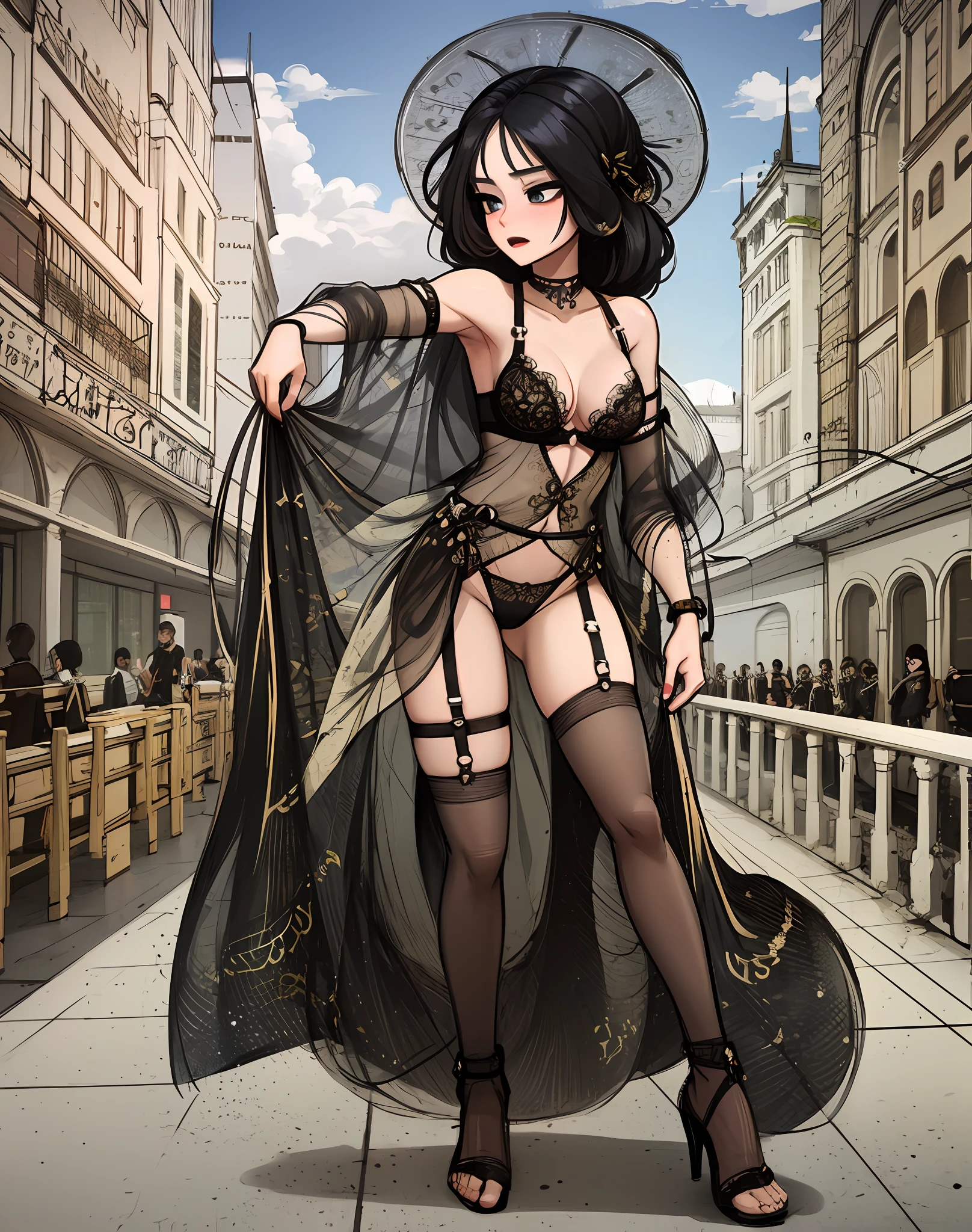 Sexy girl, masterpiece, best quality, 4K, dynamic pose, focus, sexy lingerie, full body, small breasts, full-length, black hair