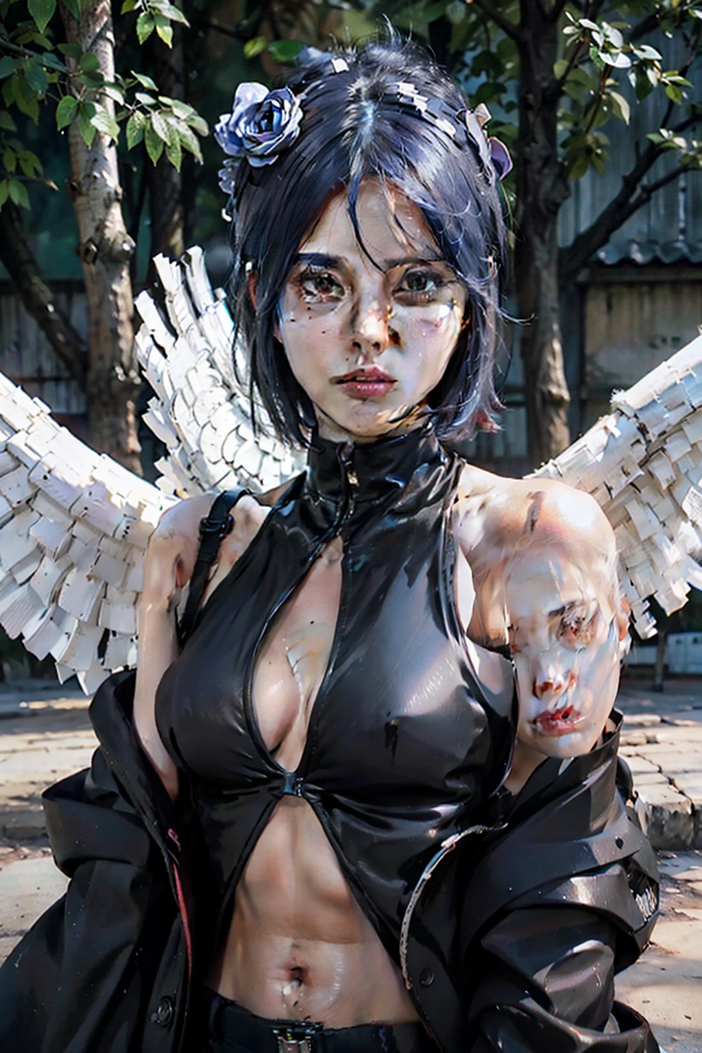 octane render,hyperrealistic, (photorealistic face:1.2), (realism:1.5), 1 girl, konan \(naruto\), ((medium breasts)), paper wings, paper jutsu, labret piercing, outdoors, high detail background, blue hair, cleavage,bra,(akatsuki outfit), thighs, toned , ultra detailed, ((masterpiece)), masterwork, fine detail, (warm lighting, cinematic lighting), best quality, extremely detailed, intricate, hyper detailed, (perfect face), illustration,soft lighting, sharp focus,(8k), (4k),