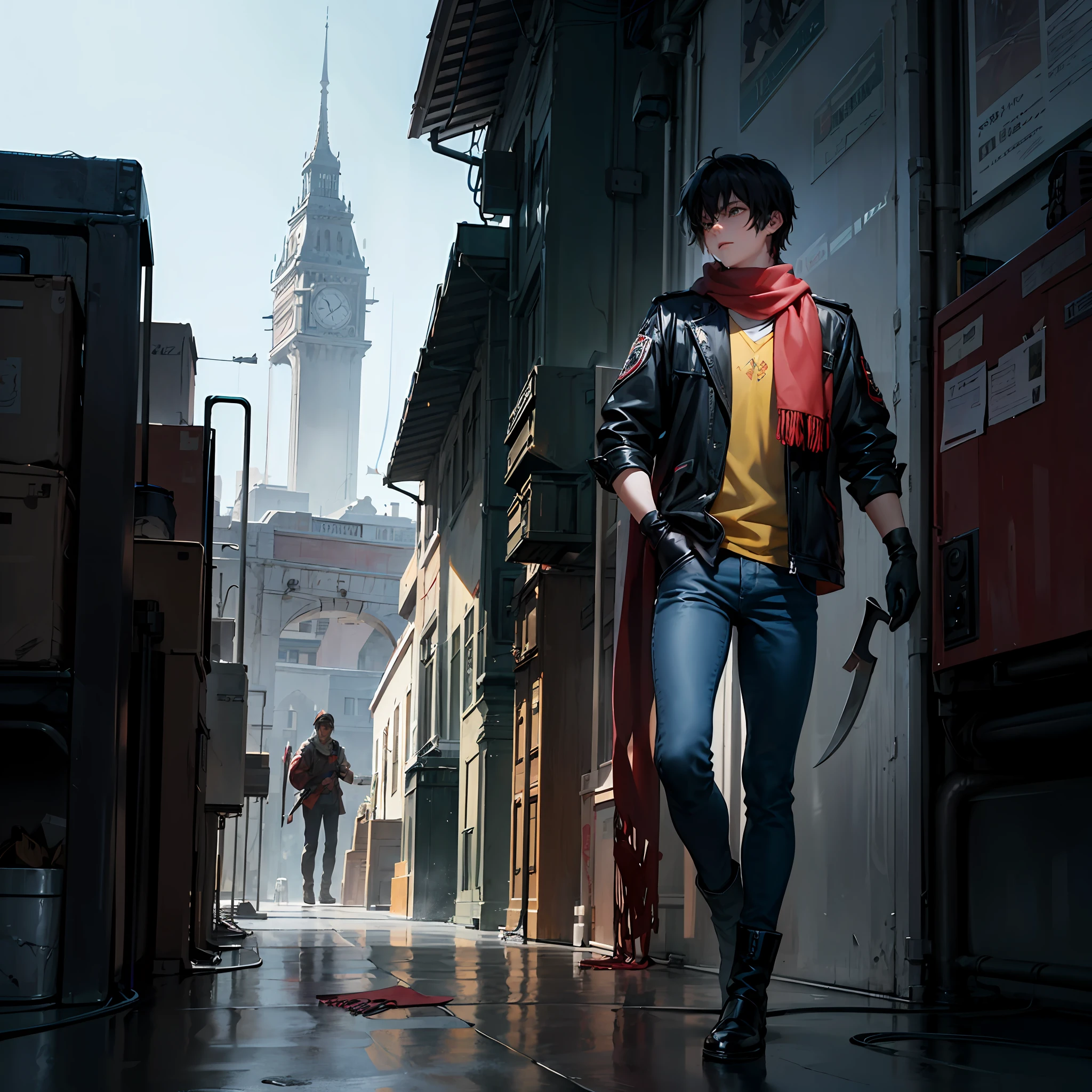A boy, tall, black hair, brown skin, green eyes, a scar on his left eye, blue pants, high black boots, red scarf, yellow shirt, high black gloves, teenager, carrying an axe, apocalyptic background, 2d anime, cartoon, comic --ToonYou --auto