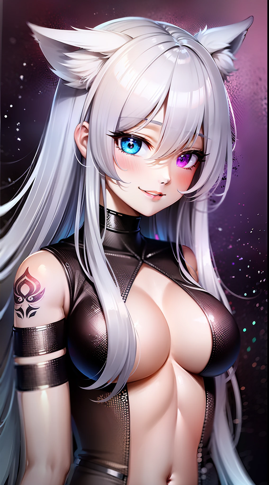 Young, long white hair, heterochromia, (left eye blue, right eye purple), white cat ears, turquoise top, open chest, tattoos, smile, masterpiece, high quality