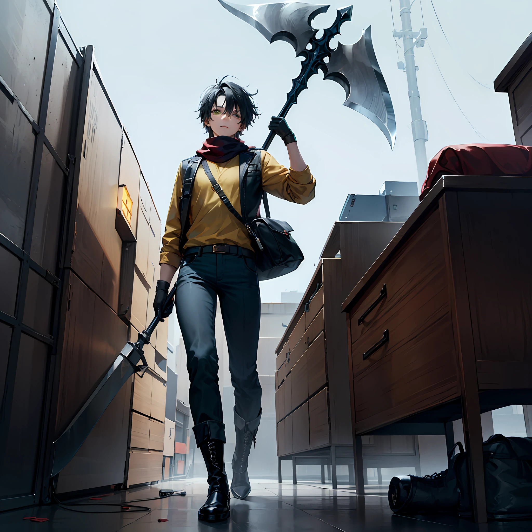A boy, tall, black hair, brown skin, green eyes, a scar on his left eye, blue pants, high black boots, red scarf, yellow shirt, high black gloves, teenager, carrying an axe, apocalyptic background, 2d anime, cartoon, comic --ToonYou --auto