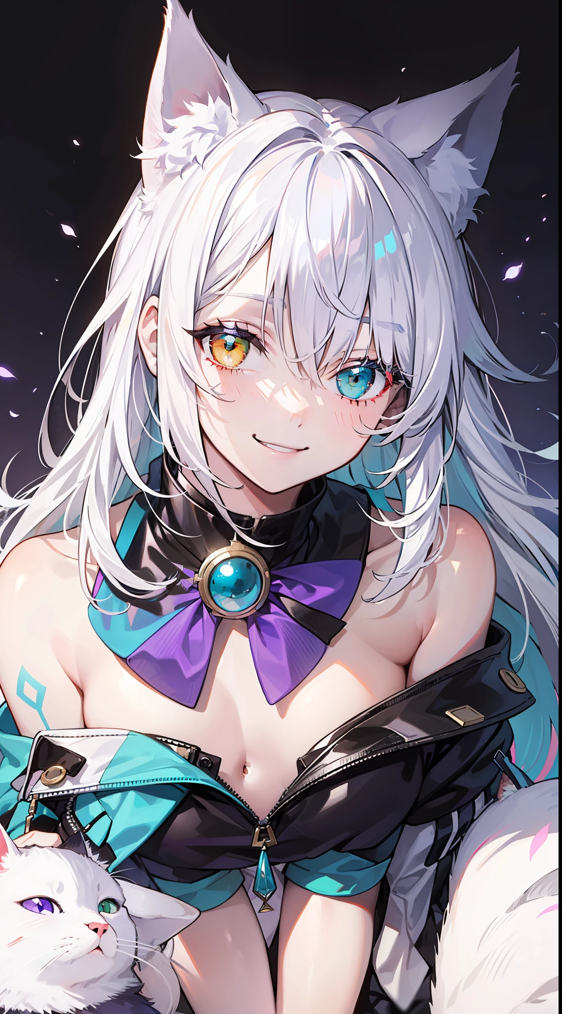Young, long white hair, heterochromia, (left eye blue, right eye purple), white cat ears, turquoise top, open chest, tattoos, smile, masterpiece, high quality