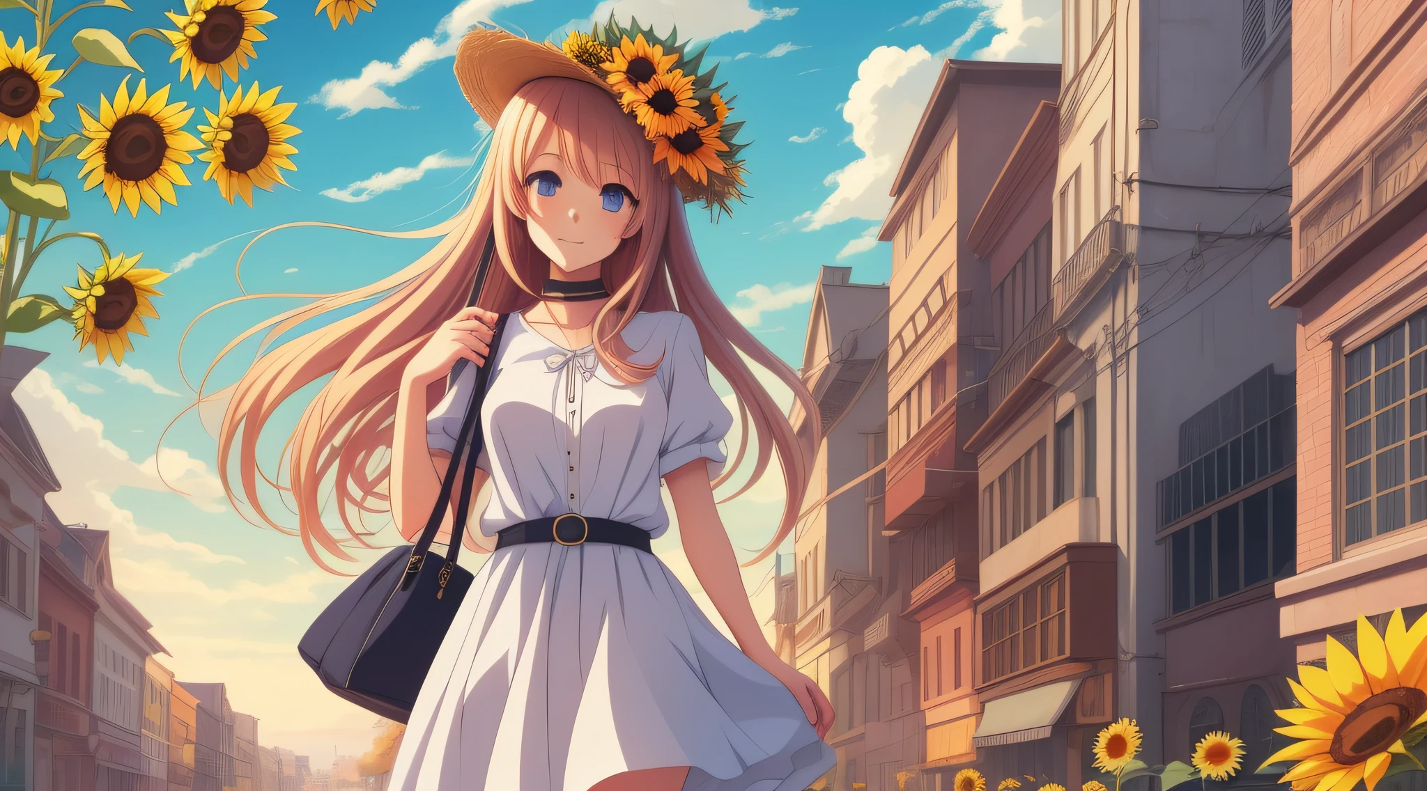 anime girl with sunflower and sign saying best smoothing, beautiful sunflower anime girl, cute, official fan art, anime style, official art, anime style characters, anime style, anime aesthetic, cute, anime art style, high quality fan art, anime style illustration