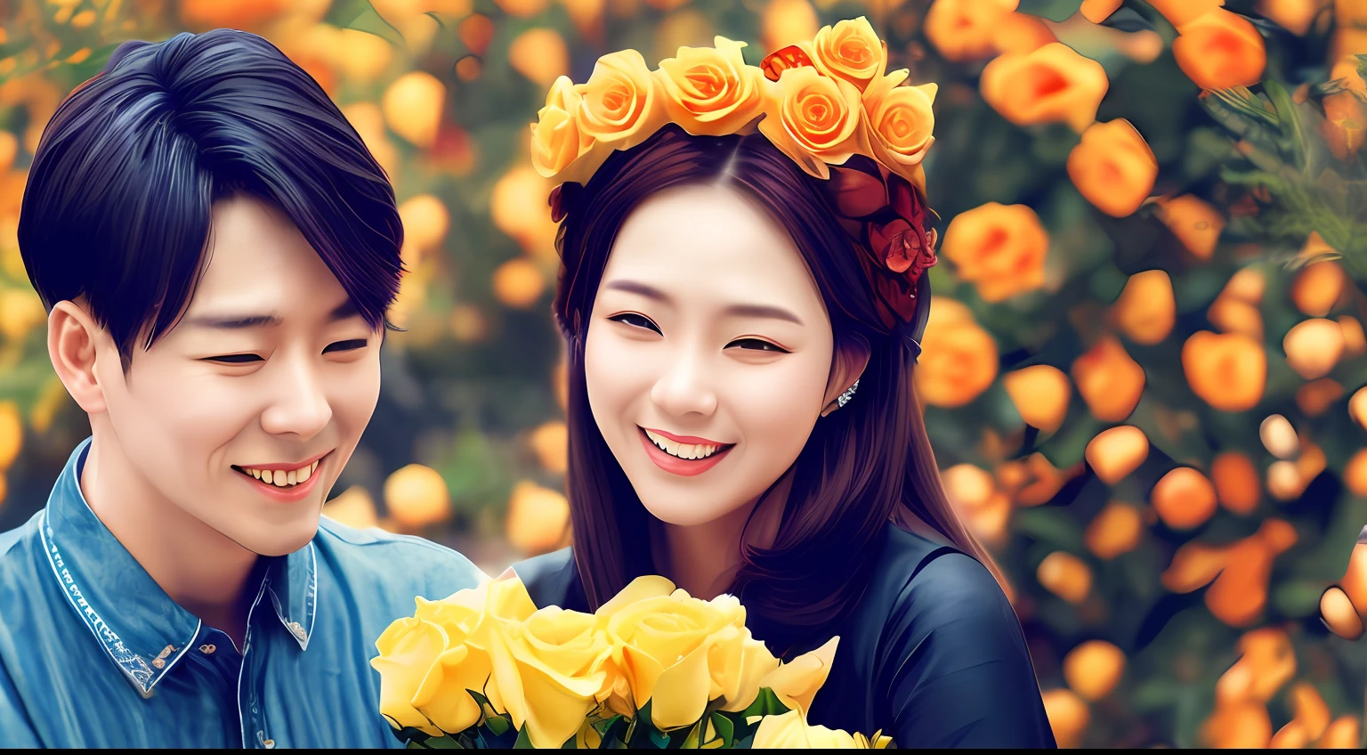 Create an image of a Korean couple with yellow roses around --auto