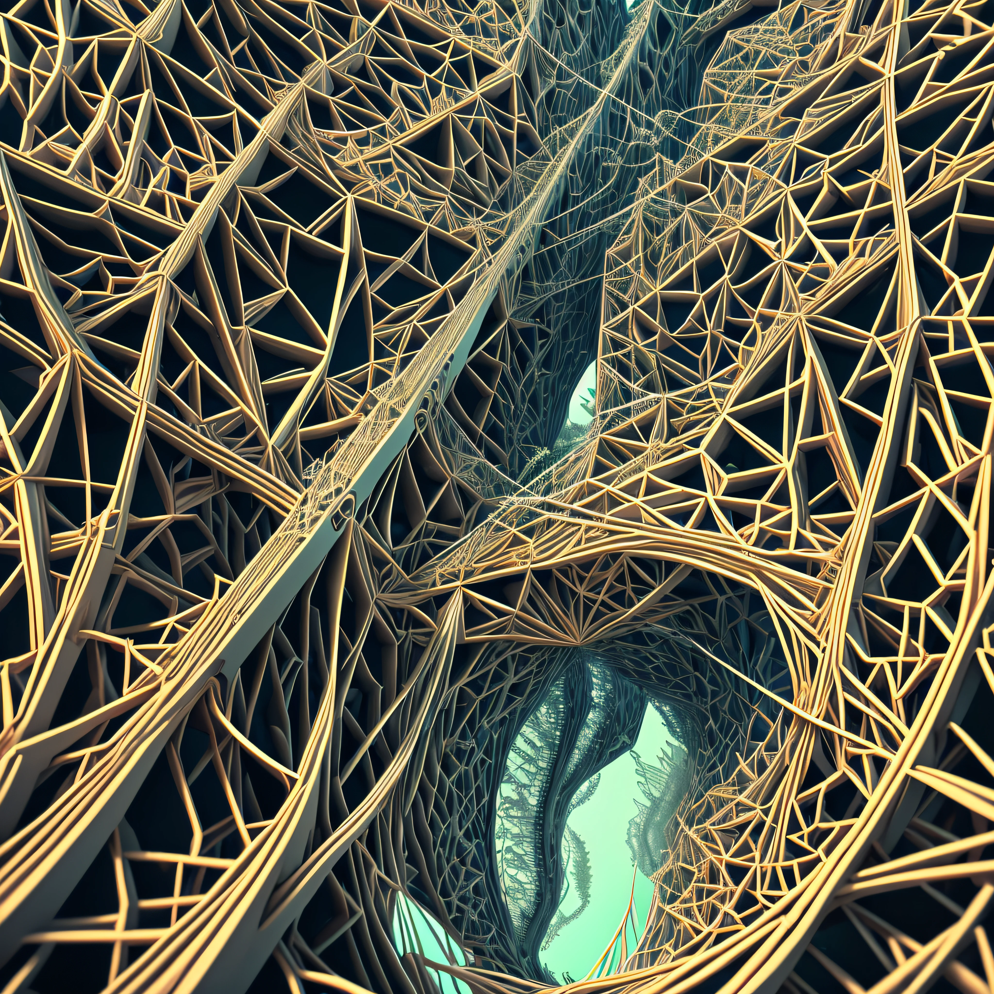 Incredibly complex and ultra detailed network manifesto of fractals and 4d wires ultra realistic and intricate cables arching through the city and the mangrove that crawls through it, suspenseful, cinematic, hyper detailed, hyper realistic, 8k --auto