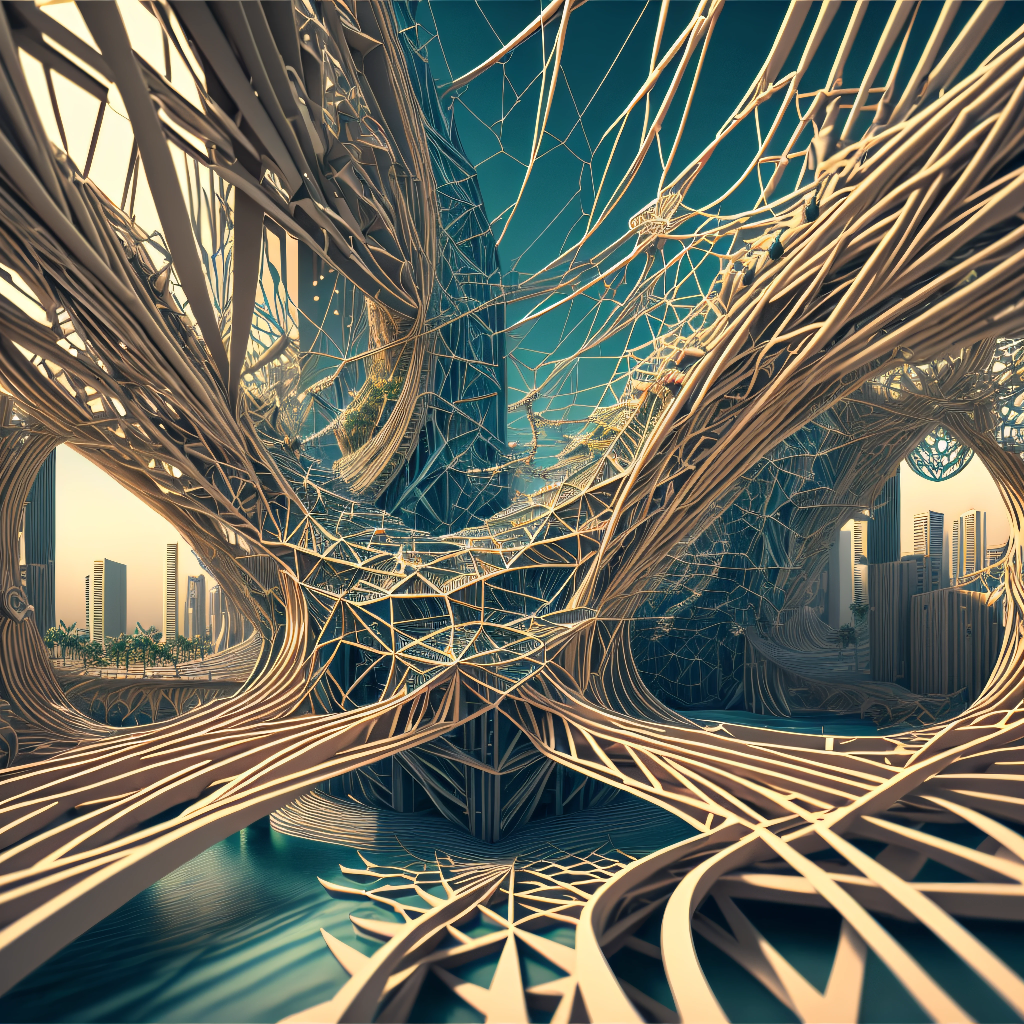 Incredibly complex and ultra detailed network manifesto of fractals and 4d wires ultra realistic and intricate cables arching through the city and the mangrove that crawls through it, suspenseful, cinematic, hyper detailed, hyper realistic, 8k --auto