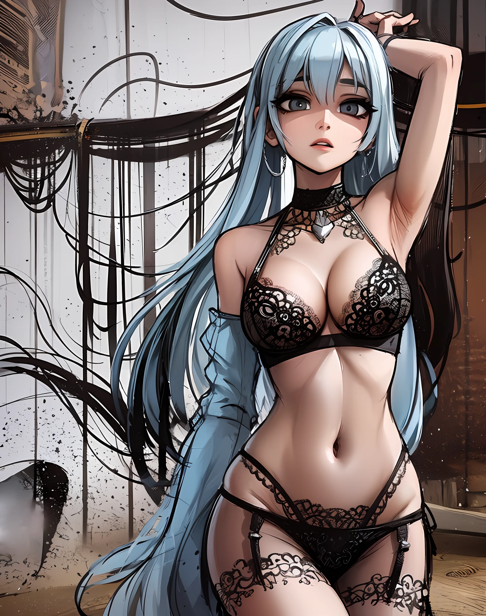 Sexy girl, masterpiece, best quality, 4K, dynamic pose, focus, sexy lingerie, full body, small breasts, full-length, blue hair