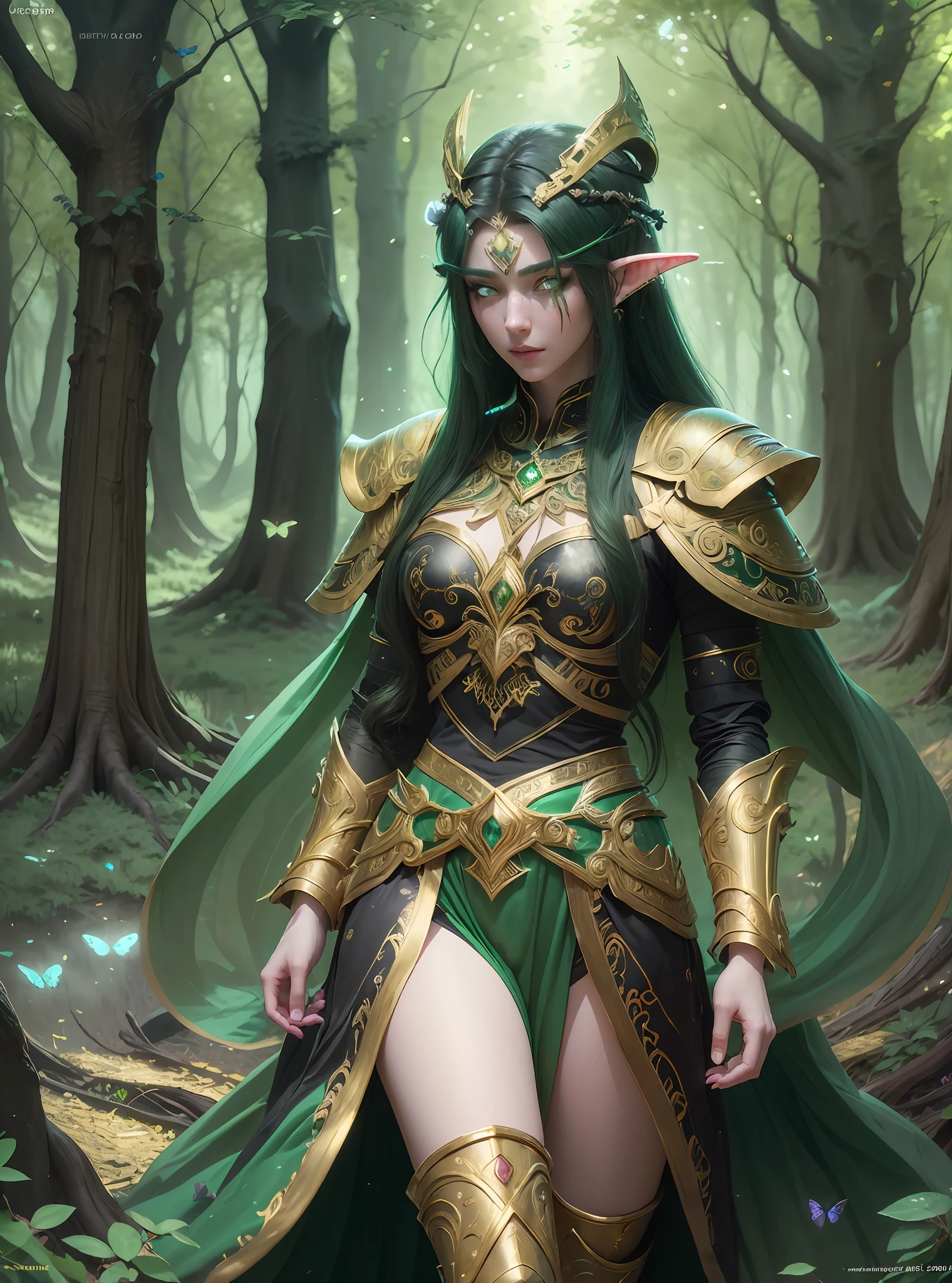 (((Masterpiece, high quality))), elf, long hair loose and black, green eyes, short battle armor in gold and black detail, large bow on his golden head and emerald green, in a light green forest, butterflies shining, large roots of trees ((cinematographic light))