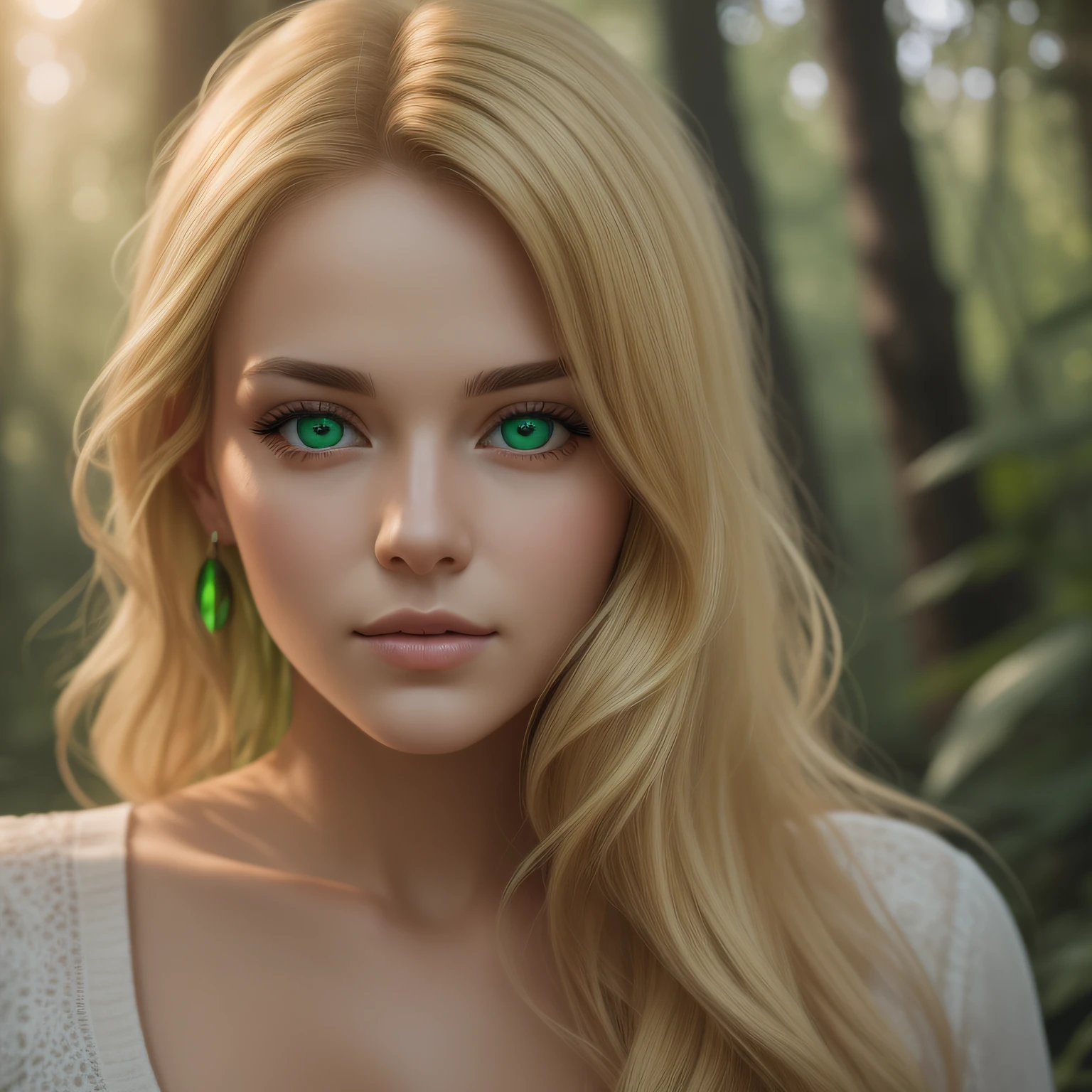 Blonde woman with green eyes in a forest looking at camera, Blonde hair, light green eyes (ultra realistic), soft portrait 8K, realistic, beautiful blonde girl, photorealistic, ultra realistic, golden lighting, natural, sunlight side light