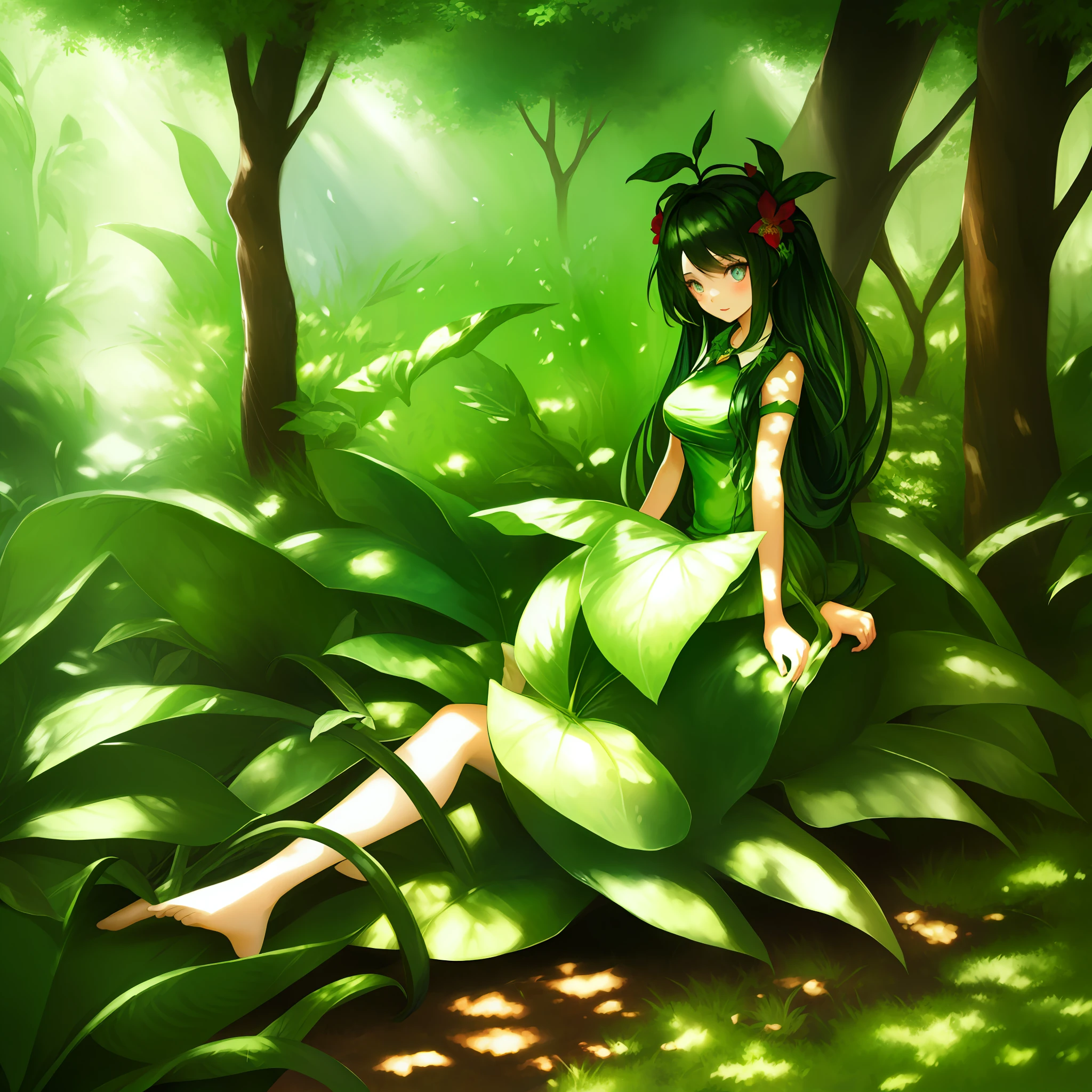 hybrid mystical girl sitting under a big green leaf, plants, forest, green, flowers