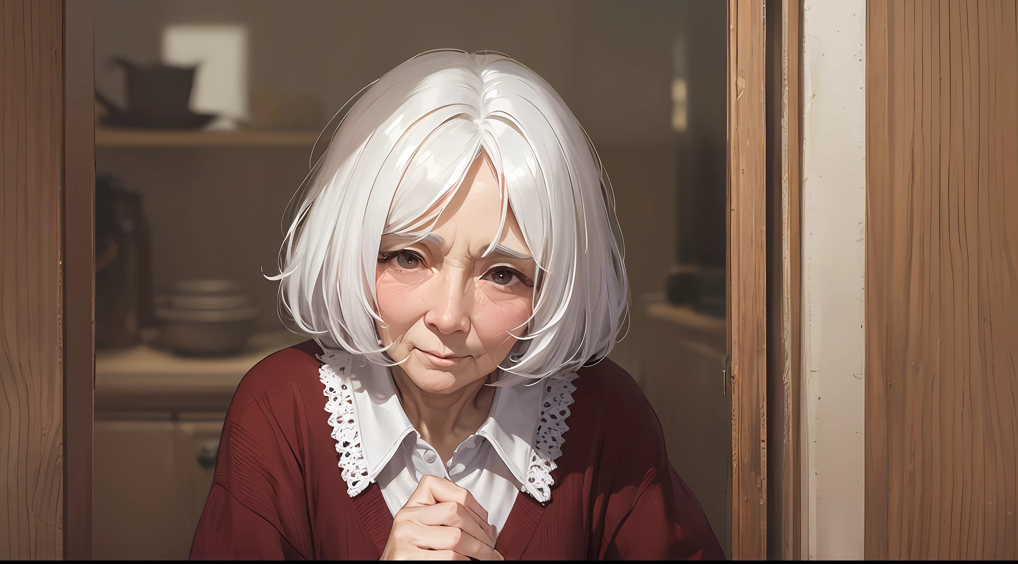 The grandmother with white hair and wrinkled face stroked a very sweet-looking girl