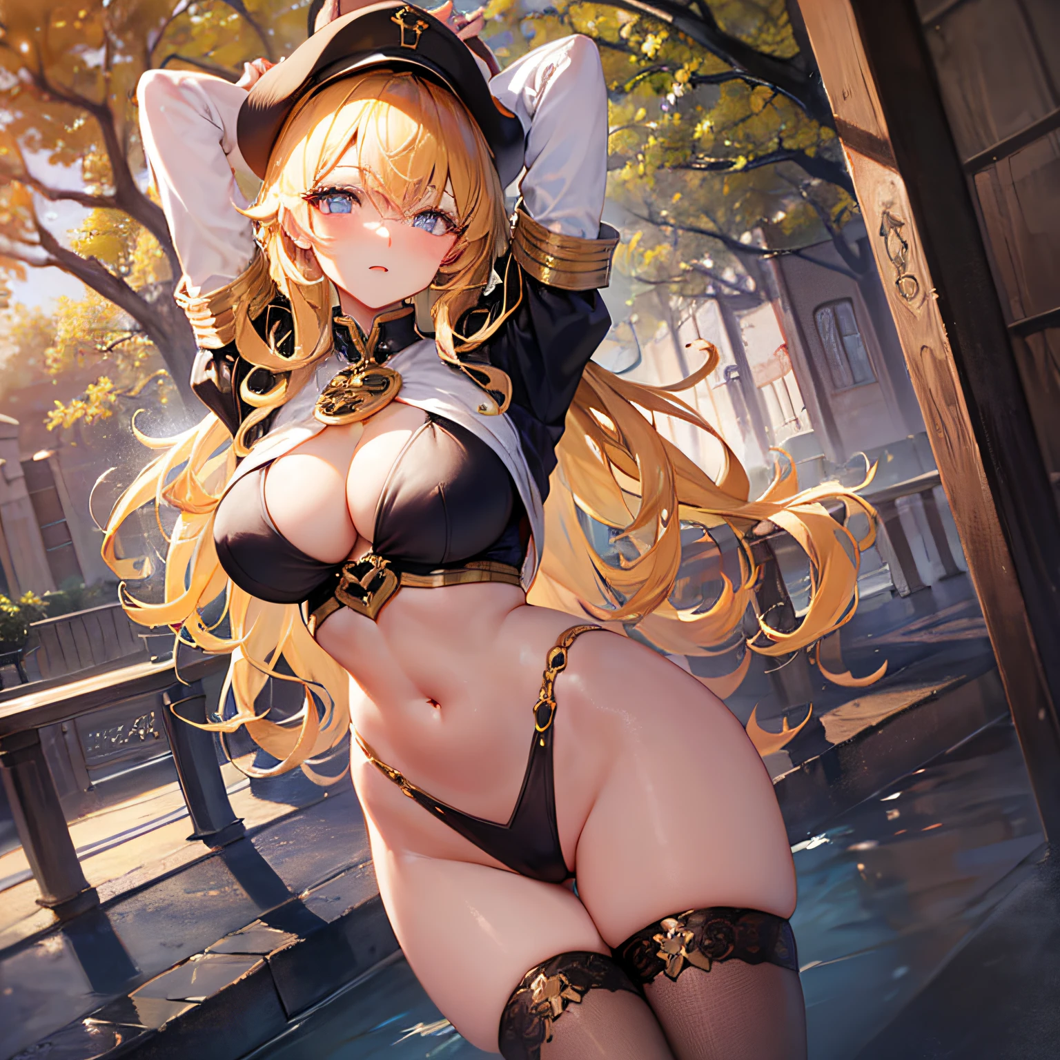 Absolutely beautiful fox charmer, perfect slim body, mature, yellow hair, large curly hair, college uniform, sexy and seductive, beautiful face, full body portrait, standing pose, 4K picture quality, big body, feminine expression, blush shyness, outrageous bust, deep eyes, huge breasts