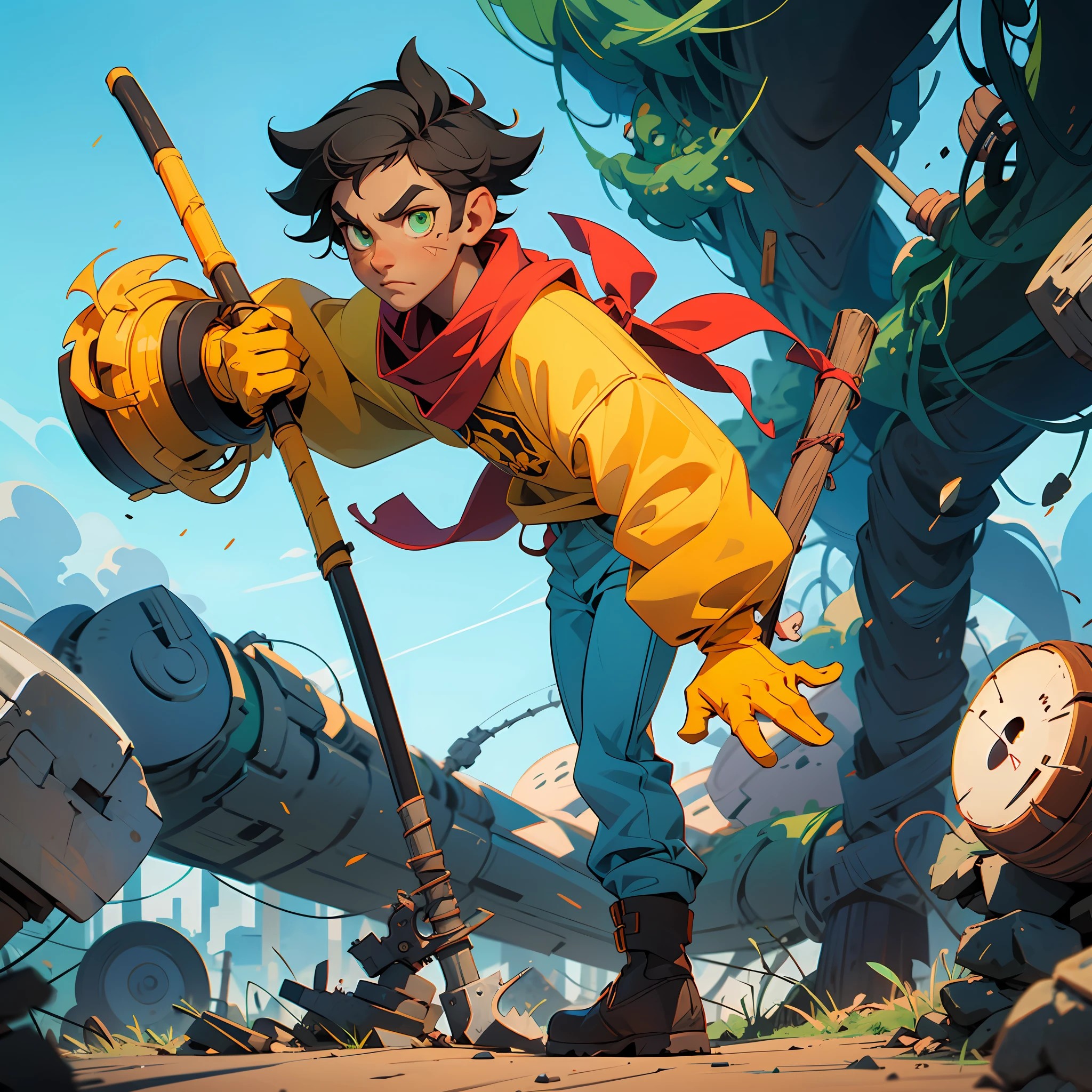 A boy, tall, black hair, brown skin, green eyes, a scar on his left eye, blue pants, high black boots, red scarf, yellow shirt, high black gloves, ager, carrying an axe, apocalyptic background, 2d anime, cartoon, comic --ToonYou