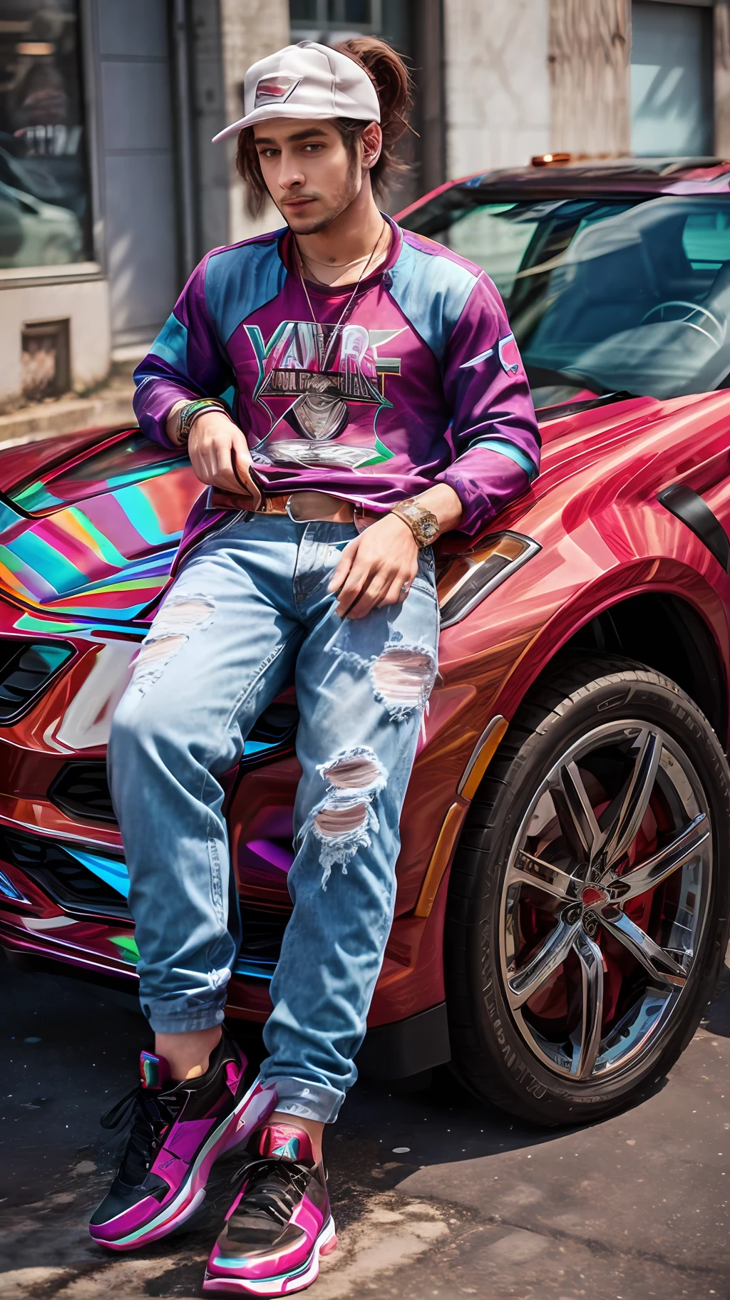 Sporting a cool and casual look, this person wears a comfortable yet stylish ensemble, such as a denim jacket, a graphic t-shirt, and sneakers. Their friendly expression represents the brand's approachable and down-to-earth image. A Chevrolet Corvette or a Silverado truck serves as the backdrop, showcasing the brand's commitment to performance and versatility