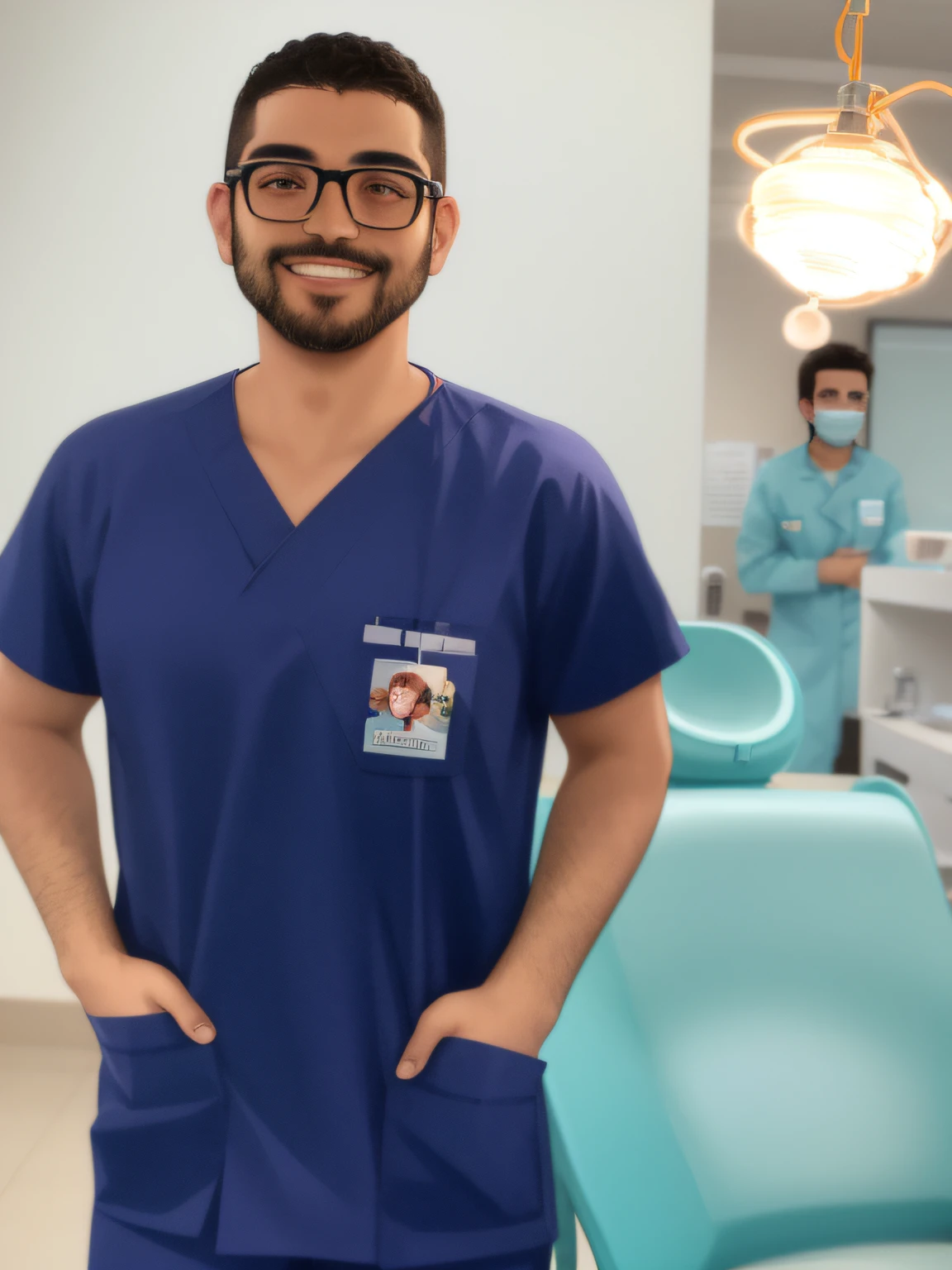 smiling man in blue scrub suit standing in dental room with dental equipment, by Luis Miranda, luiz escanuela, dentist, by Amelia Peláez, in the background, icaro carvalho, ástor alexander, in background, carmelo blandino, profile image, daniel mirante, by Gina Pellón, david rios ferreira