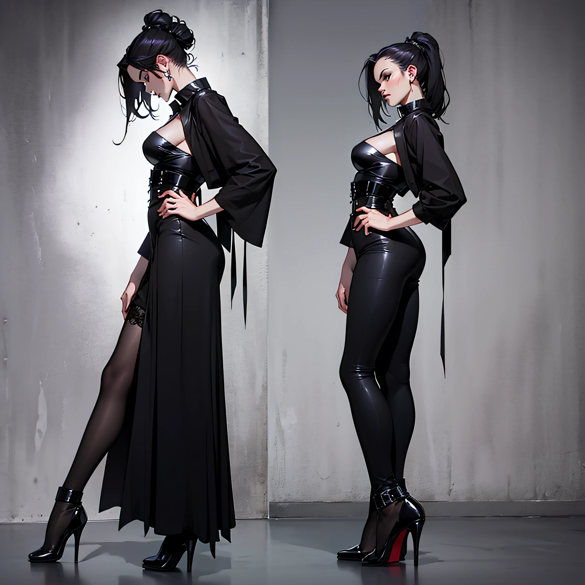 Side view, full body, young Fairuza Balk as gorgeous gothpunk model wearing sleek shiny goth cosplay posing --auto