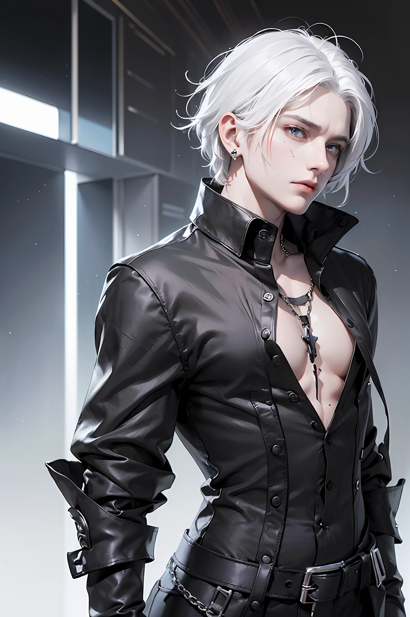 Male cyberpunk, fantasy world, dark background, clean design, epic instagram, artstation, colorful ink splash, silhouette, hyper detailed intricate details, unreal engine, fantasy, intricate details, home screen, complementary colors, fantasy concept art, 8k resolution, deviantart masterpiece, oil painting, heavy strokes, ink drip, (isolated on white background: 1.3), rainbow skin, (((cute young man))), ((: 1.5) ), (bright blue eyes), (((light eyes)), (((((medium white hair: 1.1))), (((black clothes)), (prince\\(indifferent expression\\),( (((Wears luxurious black long shirt of high detail)))), black hair, (chest) --auto --v 6