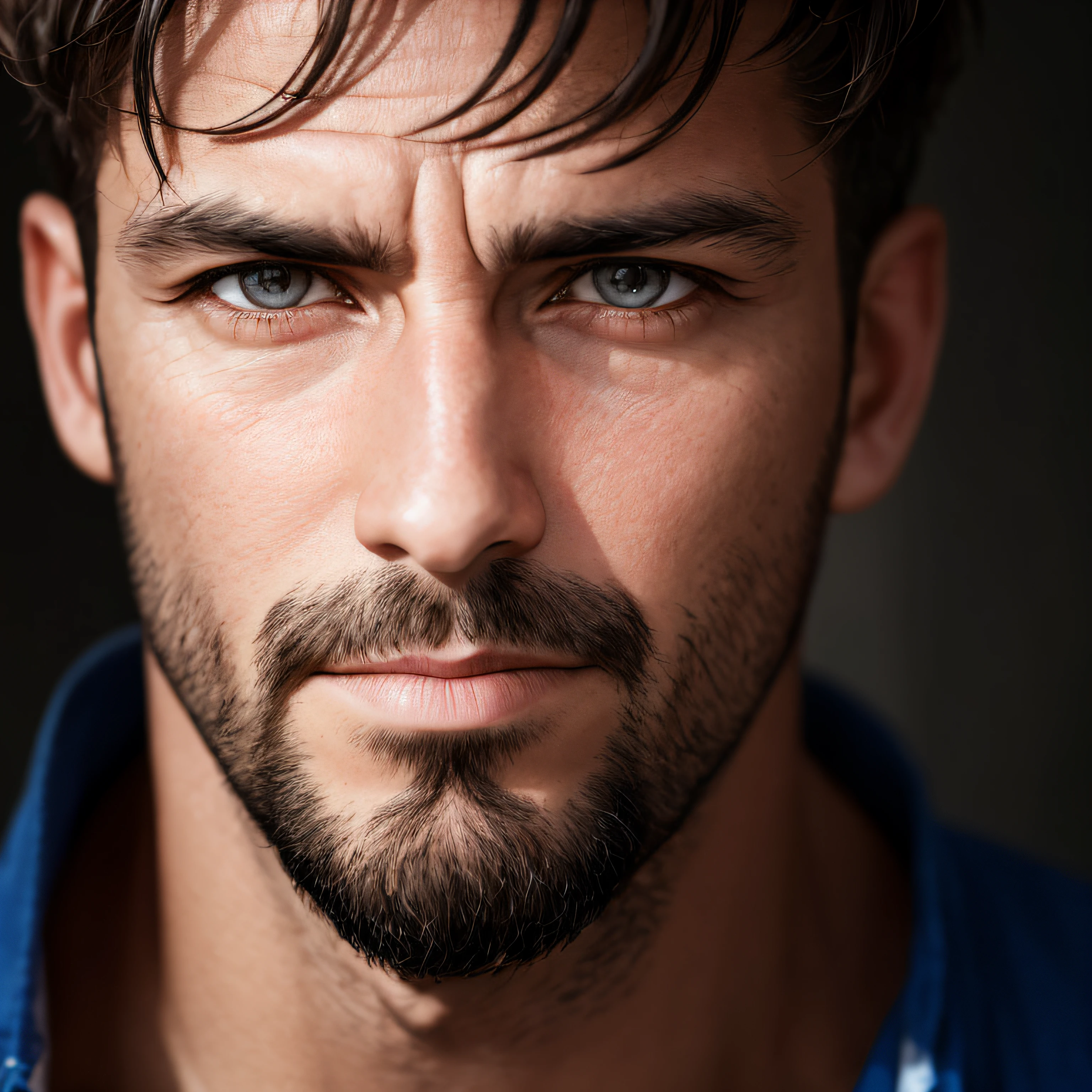 portrait photography of a adult man, studio photography, full frame, close portrait, photography, male model, brunette man, 42 yo, dark brown eyes, (skin texture), skin pores, shallow depth of field, sharp eye focus --auto