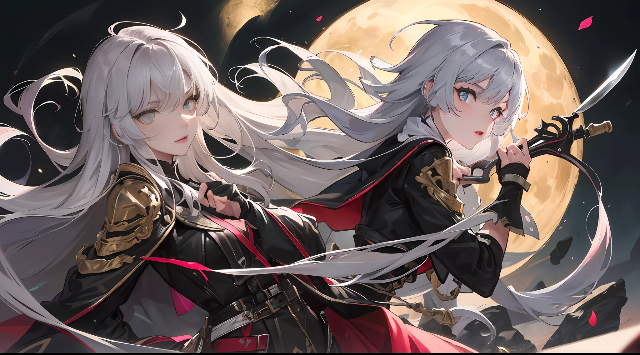 Masterpiece, Best Quality, Night, Full Moon, 1 Girl, Mature Female, Sister, Silver White Long haired Female, Light Pink Lips, Calm, Intellectual, Three Bands, Gray Pupils, Assassin, Short Knife, Flower