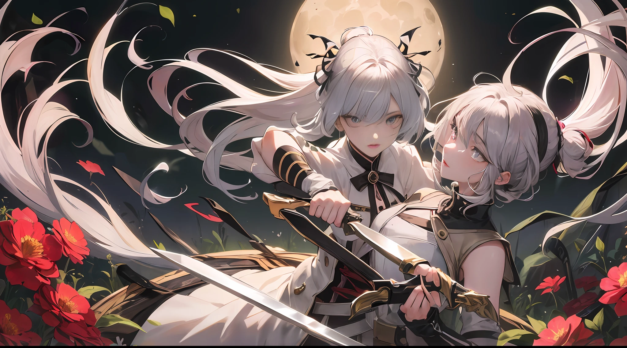 Masterpiece, Best Quality, Night, Full Moon, 1 Girl, Mature Female, Sister, Silver White Long haired Female, Light Pink Lips, Calm, Intellectual, Three Bands, Gray Pupils, Assassin, Short Knife, Flower