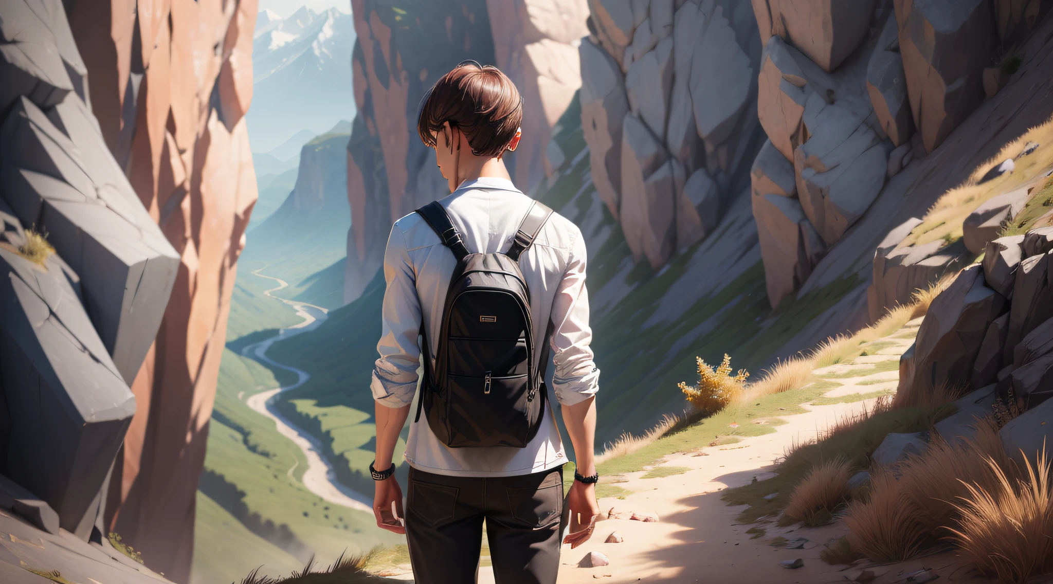 Drawing, ultra realistic, 8k, extremely detailed, in the best quality, man, oriental, short hair, young, back, down a mountain.