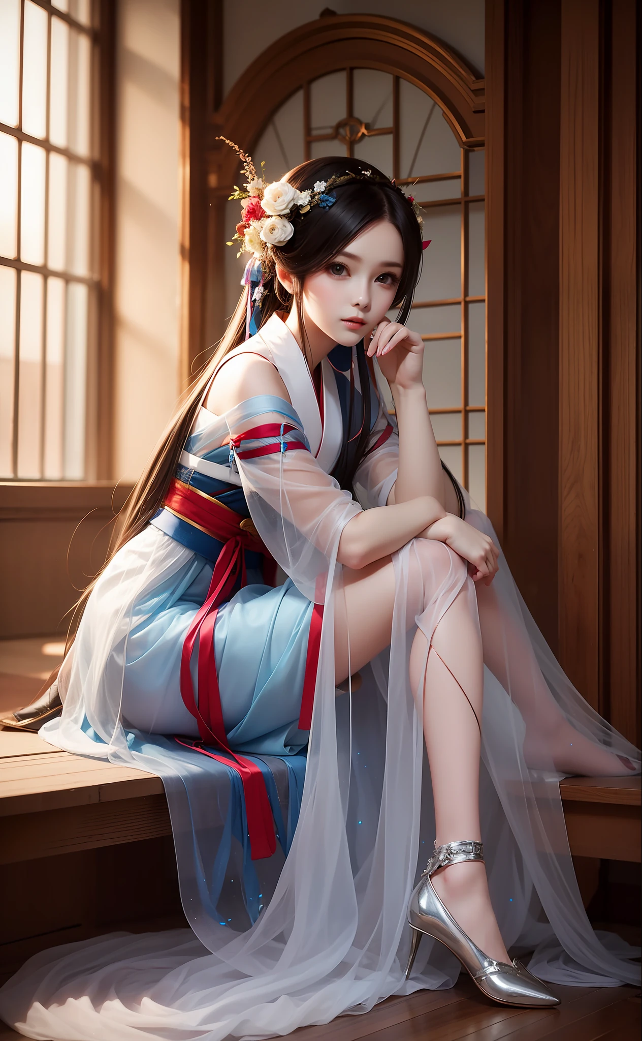 1 girl, beautiful, best quality, full body, sitting tabletop, tulle, sheer hanfu, bright tone, realistic, HD, clear face, sitting sideways, leg line