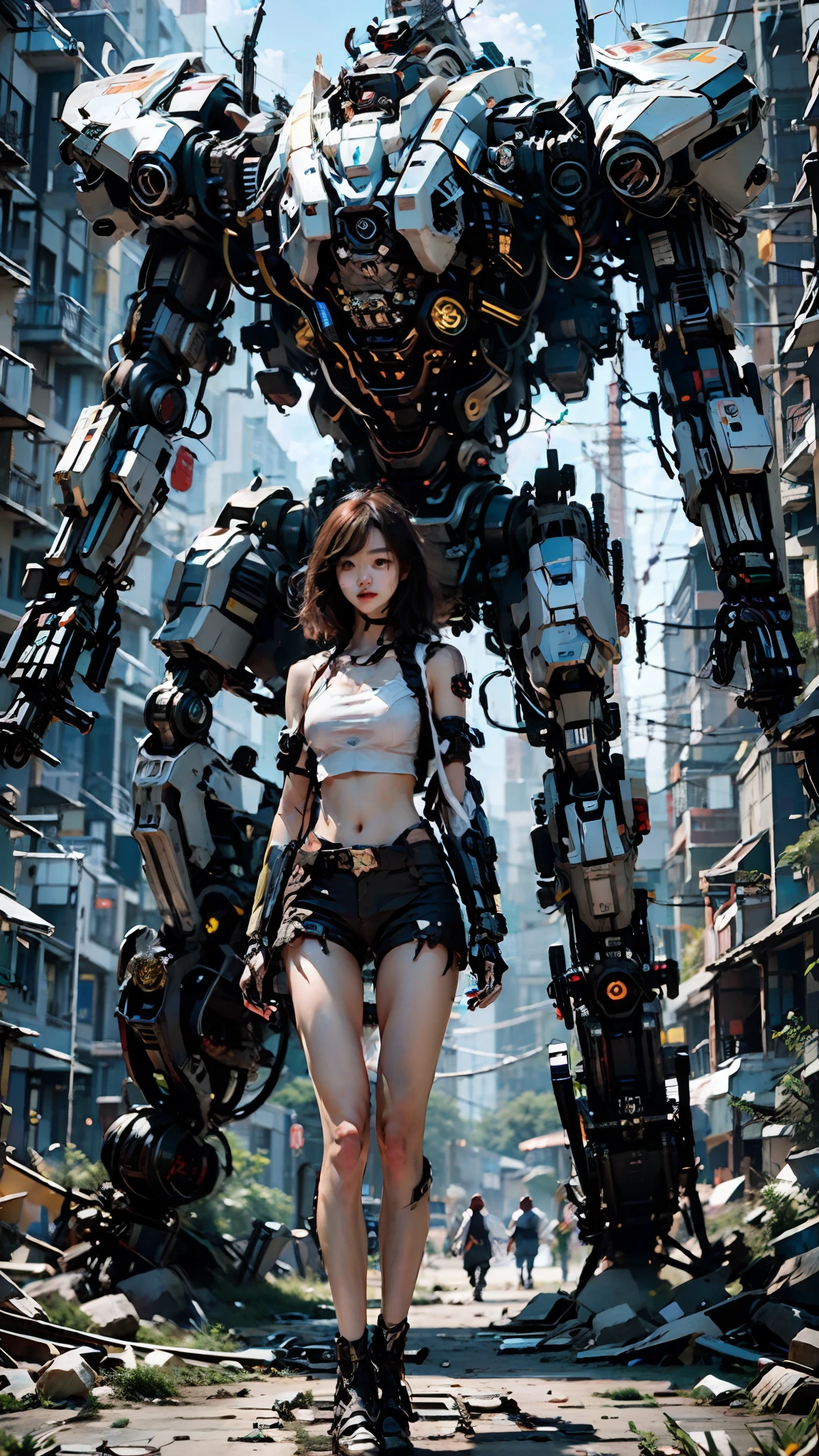 ((masterpiece, best quality)),illustration,ultra detailed 8k,photorealistic,sharp focus,highly detailed,professional lighting,colorful details,iridescent colors BREAK extreme long shot of a factory,large mechanical robot construction,microchip,computer,glowing,intricate details,shitu-mecha,1girl is standing in front of the audience,Navel