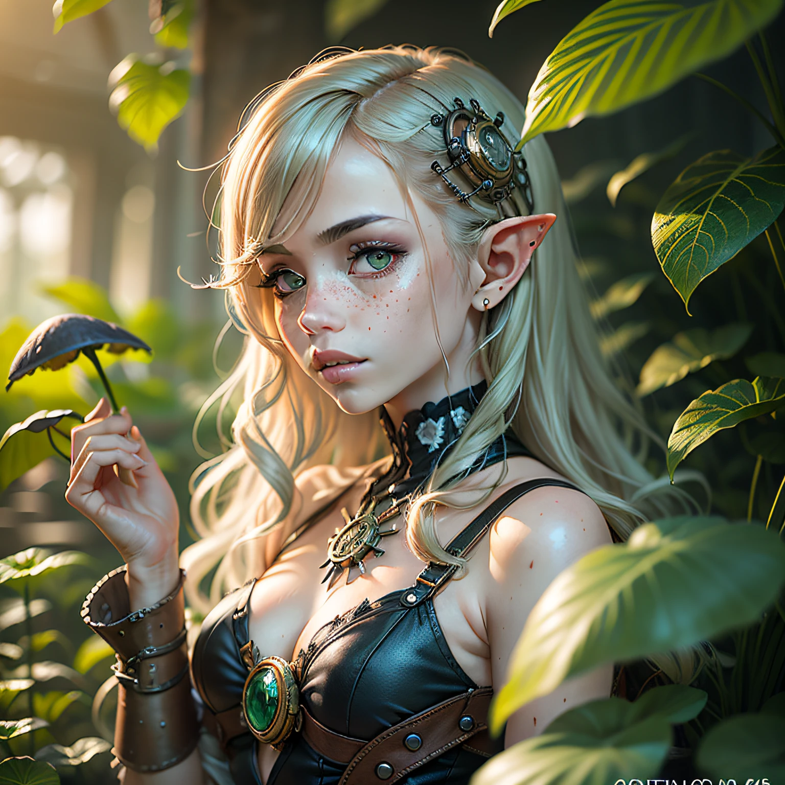 (masterpiece, superior quality, best, official art, beautiful and aesthetic, long exposure:1.2), fluid movement, captivating patterns, 1 girl, adult elven woman, freckles, red eyes, brown ball hairstyle, character focus, portrait, solo, (full body: 0.6), looking at the viewer, detailed background, detailed face, (steampunkai, steampunk theme:1.1), work, botanical, planters, roots, mandrake, magical plants, colorful plants, bright plants, healing magic, green color scheme, lotus, mushrooms, ferns, botanical garden in the background, low light, magical atmosphere,