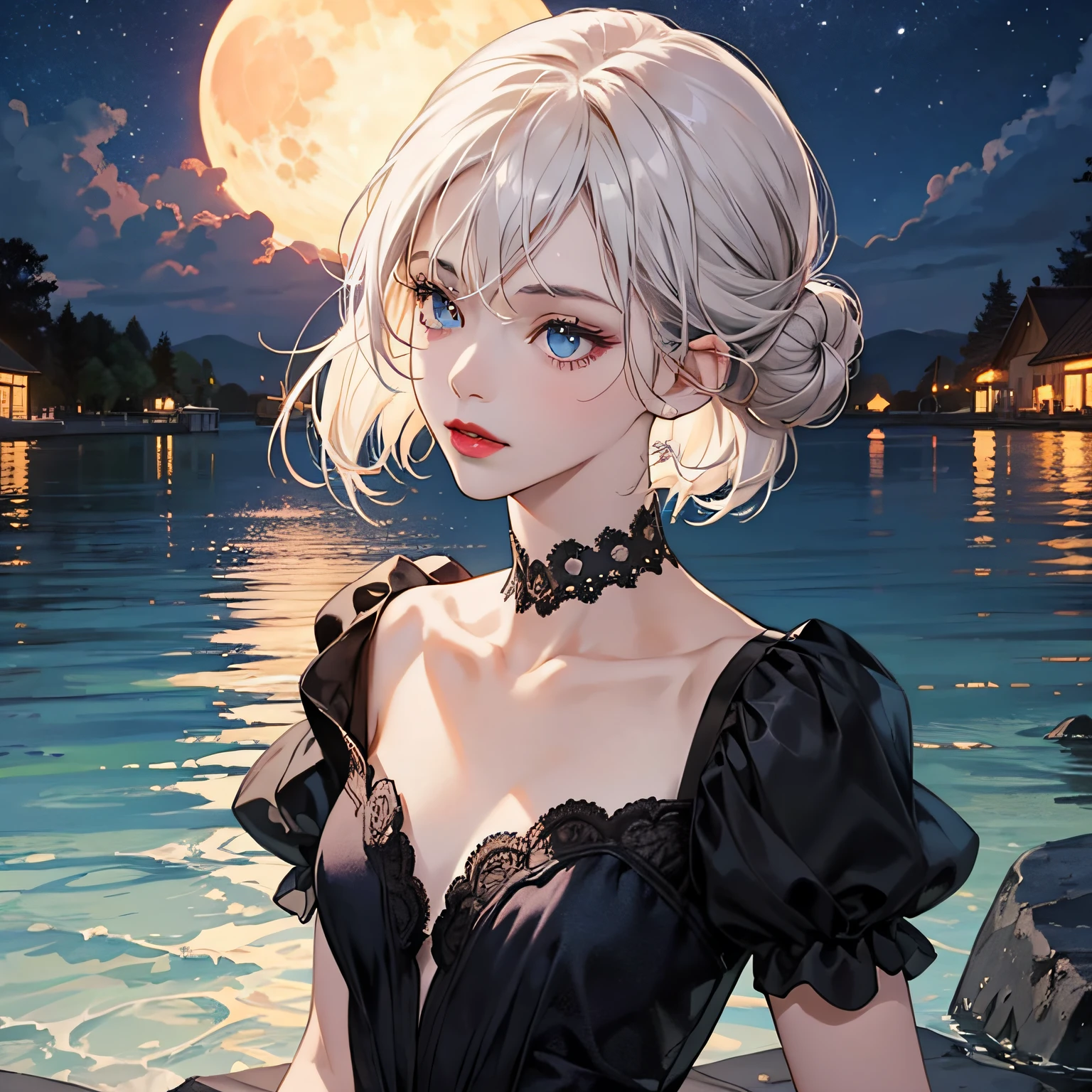 beautiful girl wearing a black dress keyhole neckline, she has short white hair tied back in a bun. Small lips with red lipstick. Blue eyes. A long white fringe covering one of her eyes, wonderful night fullmoon scene, beautiful lake, enchanting, masterpiece, best quality, ultra realistic, ultra detailed textures and pixels, ultra detailed face, trending on youtube, high quality, by A-1 Pictures Studio, 8k perfect ultra detailed digital art by professionals artists lw --auto