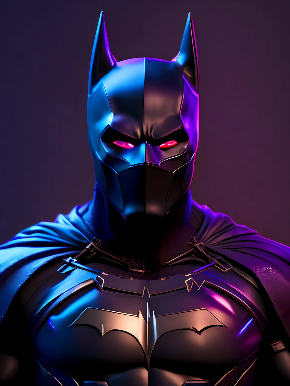 Portrait, black Batman with Black Panther mask, full growth, hyper-realistic, insane little details, extremely clean lines, masterpiece presented in Zbrush Central, cyberpunk, award-winning photo, bokeh, neon lights