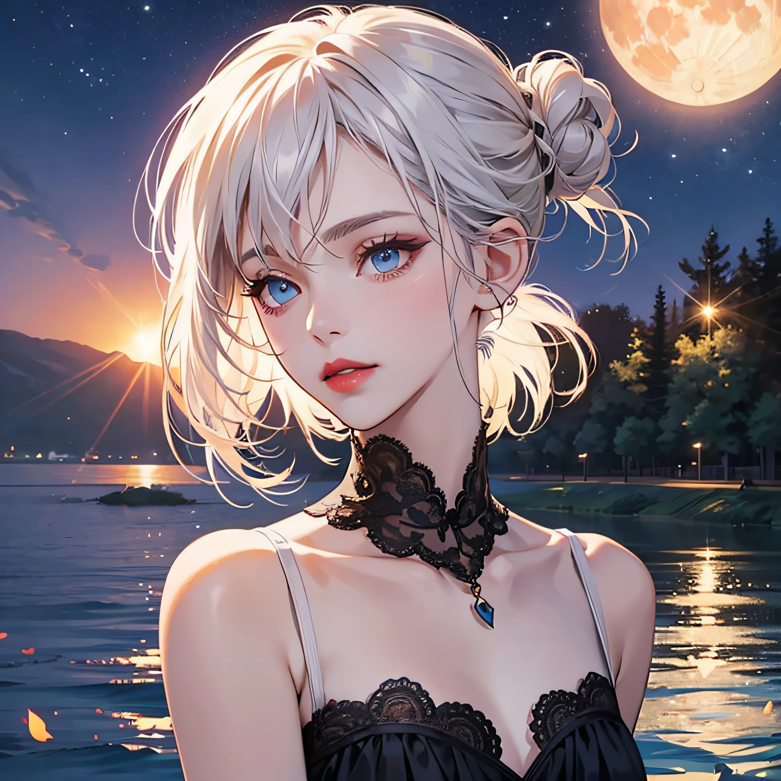 beautiful girl wearing a black dress keyhole neckline, she has short white hair tied back in a bun. Small lips with red lipstick. Blue eyes. A long white fringe covering one of her eyes, wonderful night fullmoon scene, beautiful lake, enchanting, masterpiece, best quality, ultra realistic, ultra detailed textures and pixels, ultra detailed face, trending on youtube, high quality, by A-1 Pictures Studio, 8k perfect ultra detailed digital art by professionals artists lw --auto