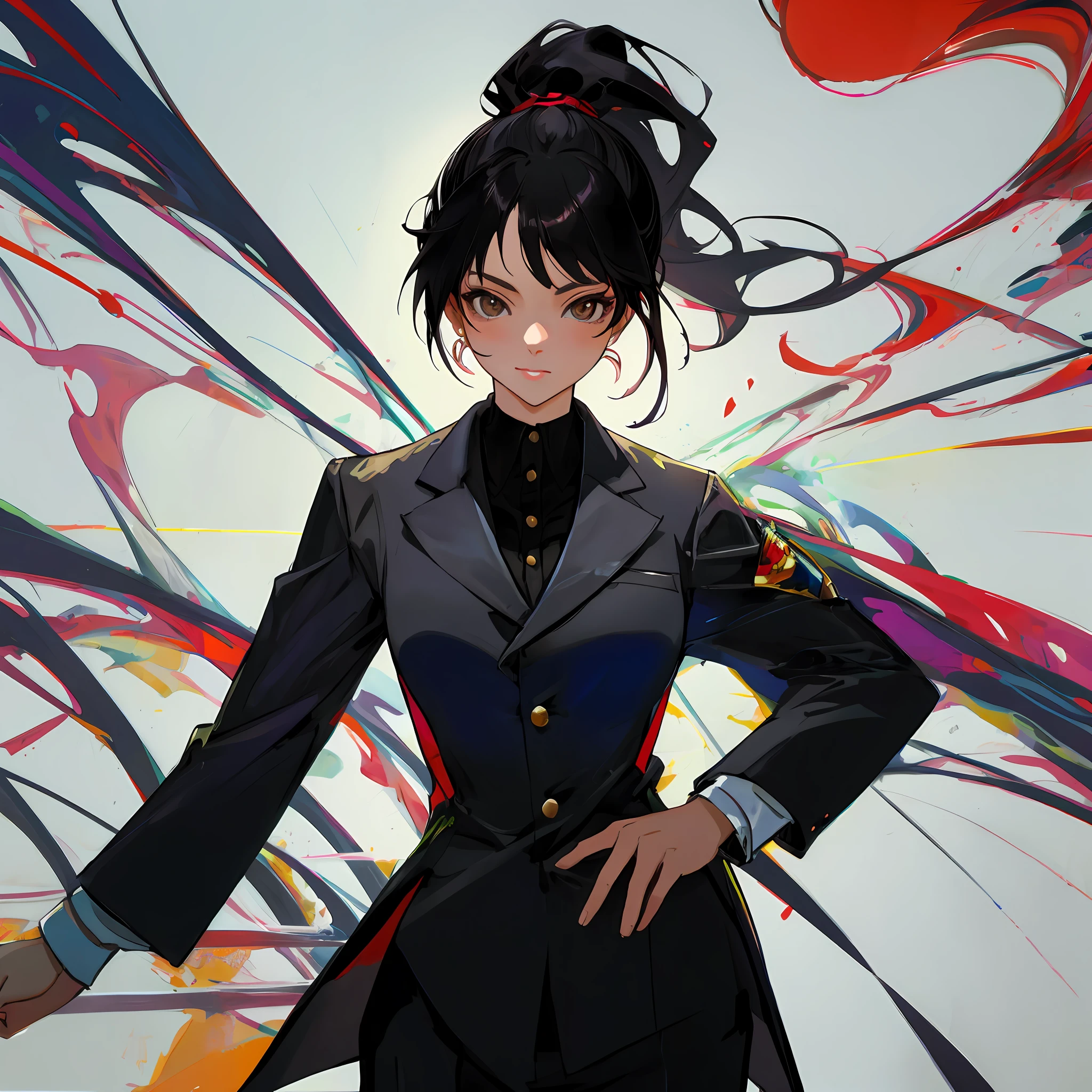 Young woman, adult face, ponytail hair, black shiny hair and skin, suit, highly quality, ultra detailed, mastarpiece