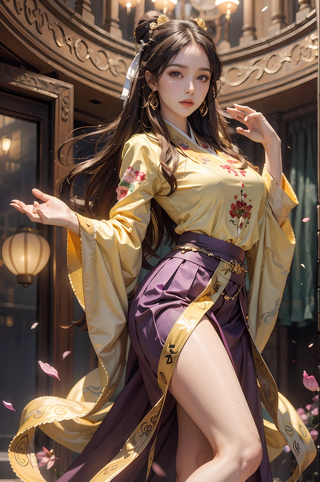 Superb Beauty, Masterpiece, High Resolution, (Exquisite Body: 1.5), Beauty, Extra Large Breasts (2.5) Wide Buttocks, Thin Waist, Stunning Beauty, (Milky Skin: 1.3), Exquisite Details, High Resolution, Wallpaper, 1 Female, Solo, Dress, Hair Accessories, (((Golden Purple Skirt)) ), Flower, Long Hair, Brown Hair, Shut Up, Accessories, Long Sleeves, Raised Hands, Wide Sleeves, Big Eyes, Flowing Hair, Hanfu, Hanfu, Embroidery, Long Dress, Natural Pose, Falling Petals, Indoor, Fanning, Lantern, 16K, HDR, High Resolution, Depth of field, (Film grain: 1.1), Bocon, Primetime, (lens flare), vignette, rainbow, (color grading: 1.5)