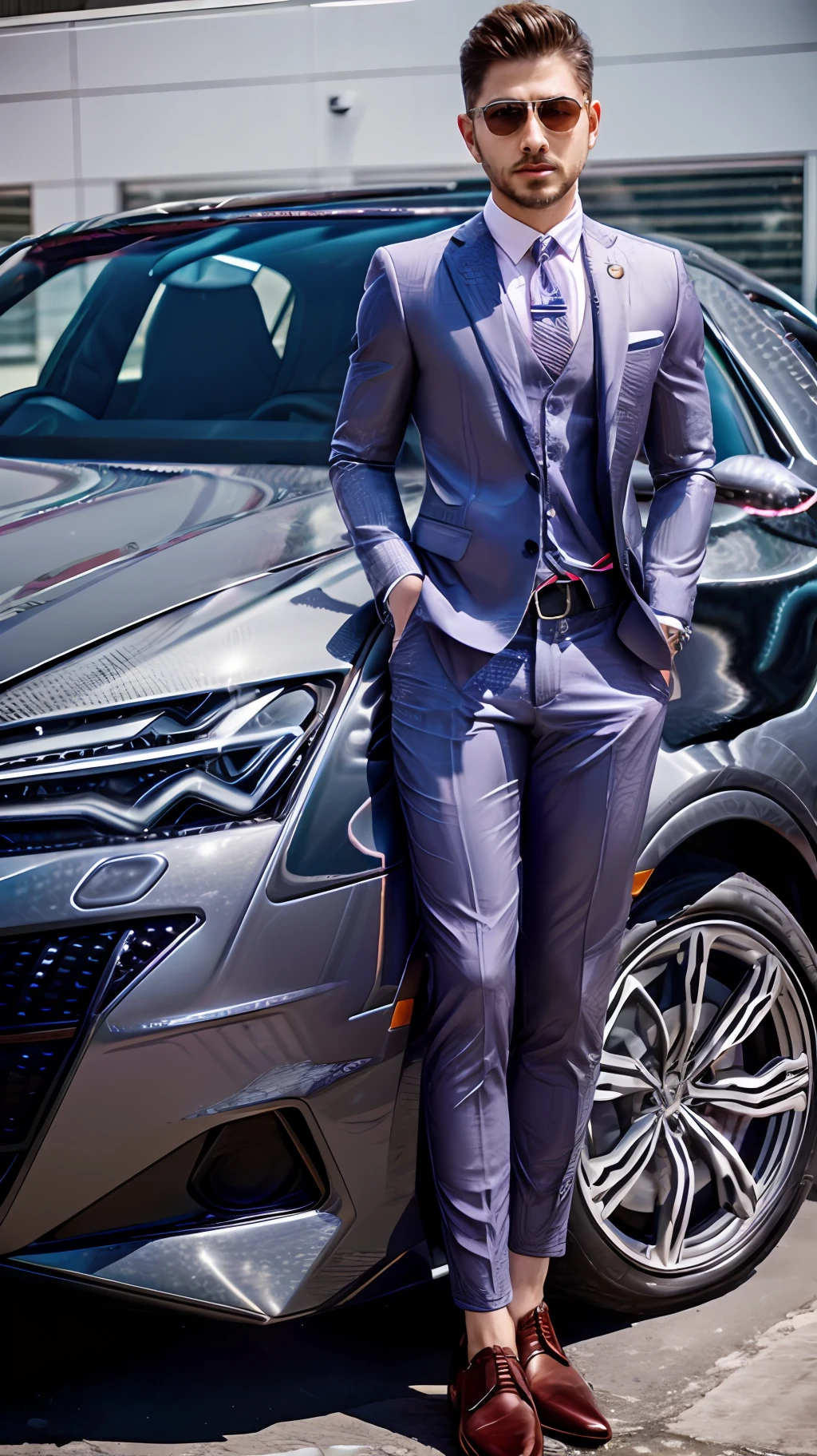 Dressed in a modern and sophisticated outfit, this person wears a tailored navy blue suit with a crisp white shirt and a patterned tie. Their expression reflects a blend of confidence and intelligence, mirroring Audi's reputation for cutting-edge technology and refined design. A sleek Audi A8 or an Audi R8 in the background adds a touch of elegance and innovation