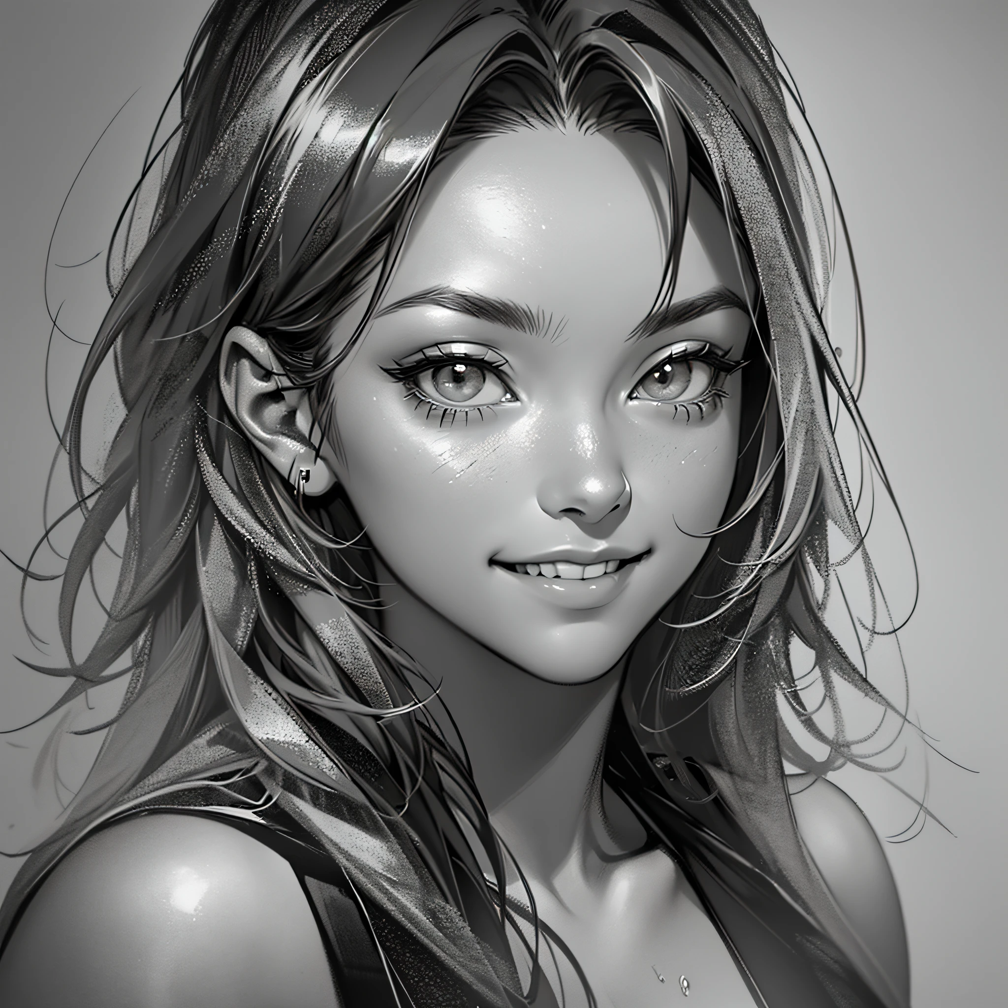 (((masterpiece))) Charcoal drawing of an sexy girl smiling to the camera. black and white, greyscale, Cold pressed paper grain visible, 8k, 4k