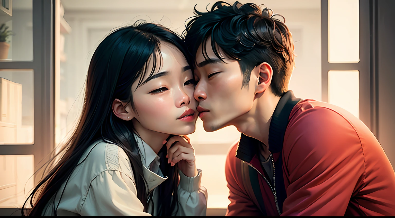 Create an image of a Korean couple giving a kiss on the cheek --auto