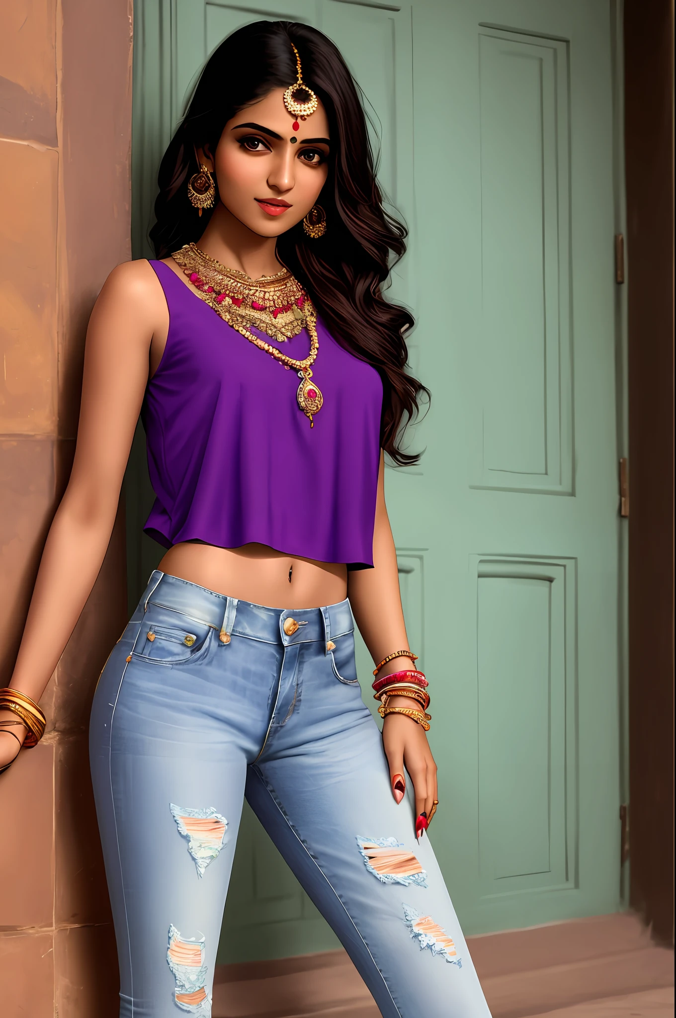 Sure! Here's an optimized prompt based on the given description:
"A seductive Indian girl, adorned with exquisite jewelry, wearing a light purple top and very light blue short jeans. Showcasing her legs in a realistic and highly detailed manner, she poses alluringly in front of the camera."