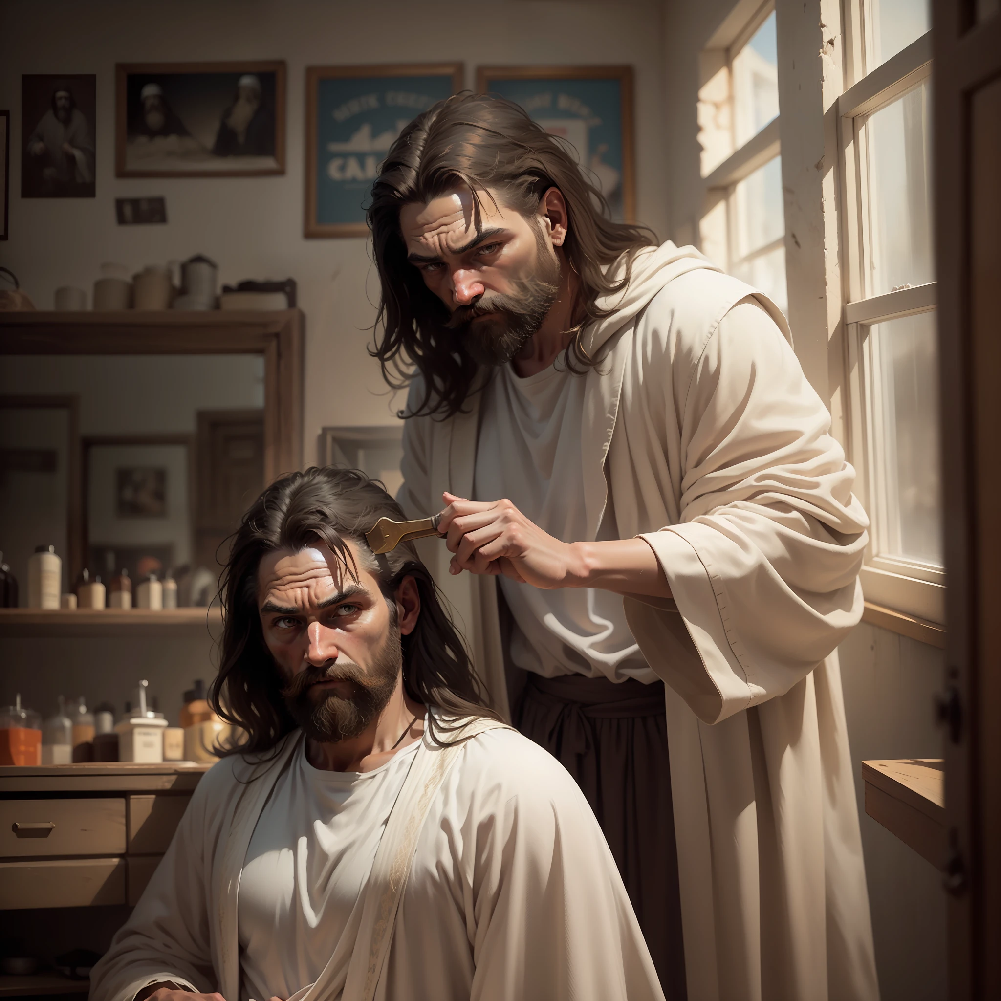 Picture Jesus, in his iconic attire, stepping into a shadowy, old-world barbershop. The barbershop is filled with worn-out wooden furniture, vintage barber tools, and a barber dressed in a faded white coat. The medium is photo hyper-realism, with a style reminiscent of the chiaroscuro technique used by Rembrandt. The lighting is dim and atmospheric, with light filtering in through a dusty window, casting long shadows and illuminating the scene in a soft, diffused glow. The colors are muted and somber, with a palette of deep browns, grays, and the off-white of Jesus' robe. The composition is a medium shot, taken with a 50mm lens, capturing the entire scene with a focus on Jesus and the barber, creating a sense of intimacy and depth. The image is highly detailed, high-resolution 16k, with a high contrast and a slightly grainy texture to enhance the dark, realistic mood. --ar 16:9 --v 5.1 --style raw --q 2 --s 750