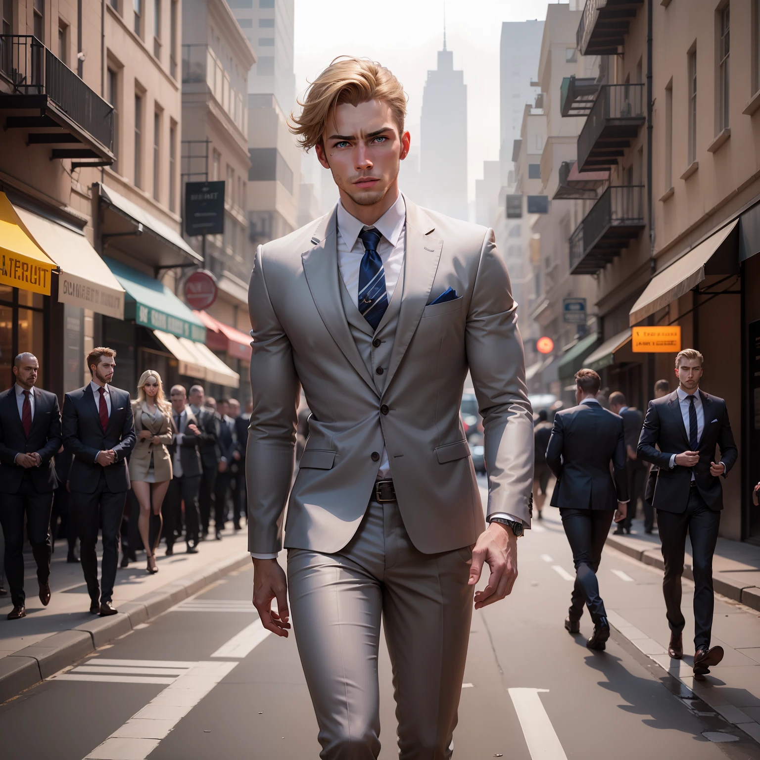 keep my facial features to imagine an elegant 27-year-old man, blue eyes, light brown hair almost blonde, goal face and eyes of a successful man, in a suit, walking down the street while the city runs chaotic in the background, kind of futuristic appearance in 8k highest quality