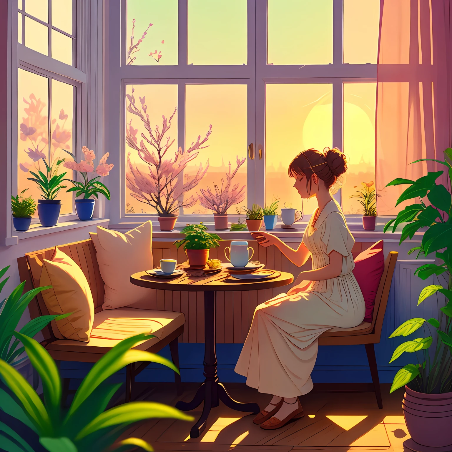 girl, coffee, cafe, table, messy bun, dress, straw, sunlight, window, cozy, serene, floral, aesthetic, pastel, slice of life, relaxation, morning, leisure, tranquil, warm atmosphere, steam, peaceful, daydreaming, aromatic, latte art, book, potted plants, cherry blossoms, blush, contemplation, gentle, delicate, whimsical --auto